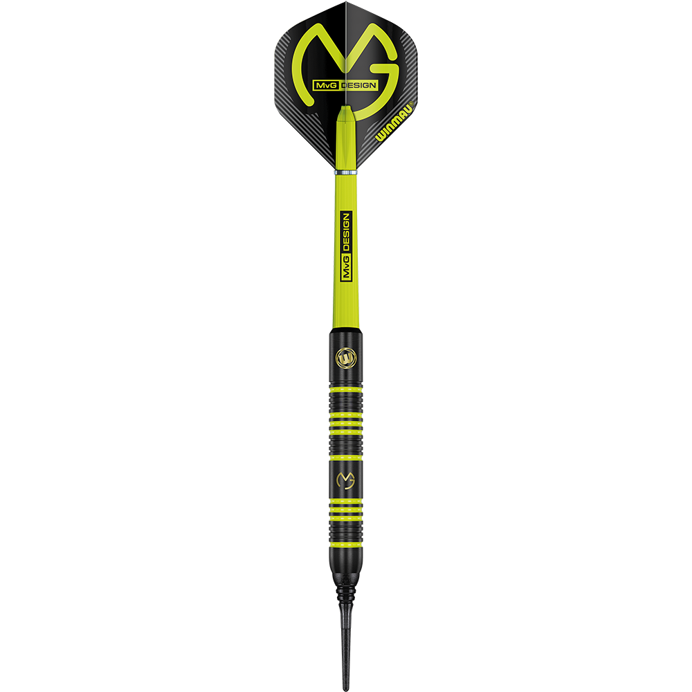 2237_Winmau_Michael_Van_Gerwen_MvG_Ambition_Softdarts_1kcmJ3UFbZ7hkr Auf dem Bild ist ein Winmau Michael Van Gerwen MvG Ambition Softdart mit 20 g Gewicht zu sehen. Der Dart ist überwiegend schwarz und neongelb gestaltet und trägt das MvG-Logo.