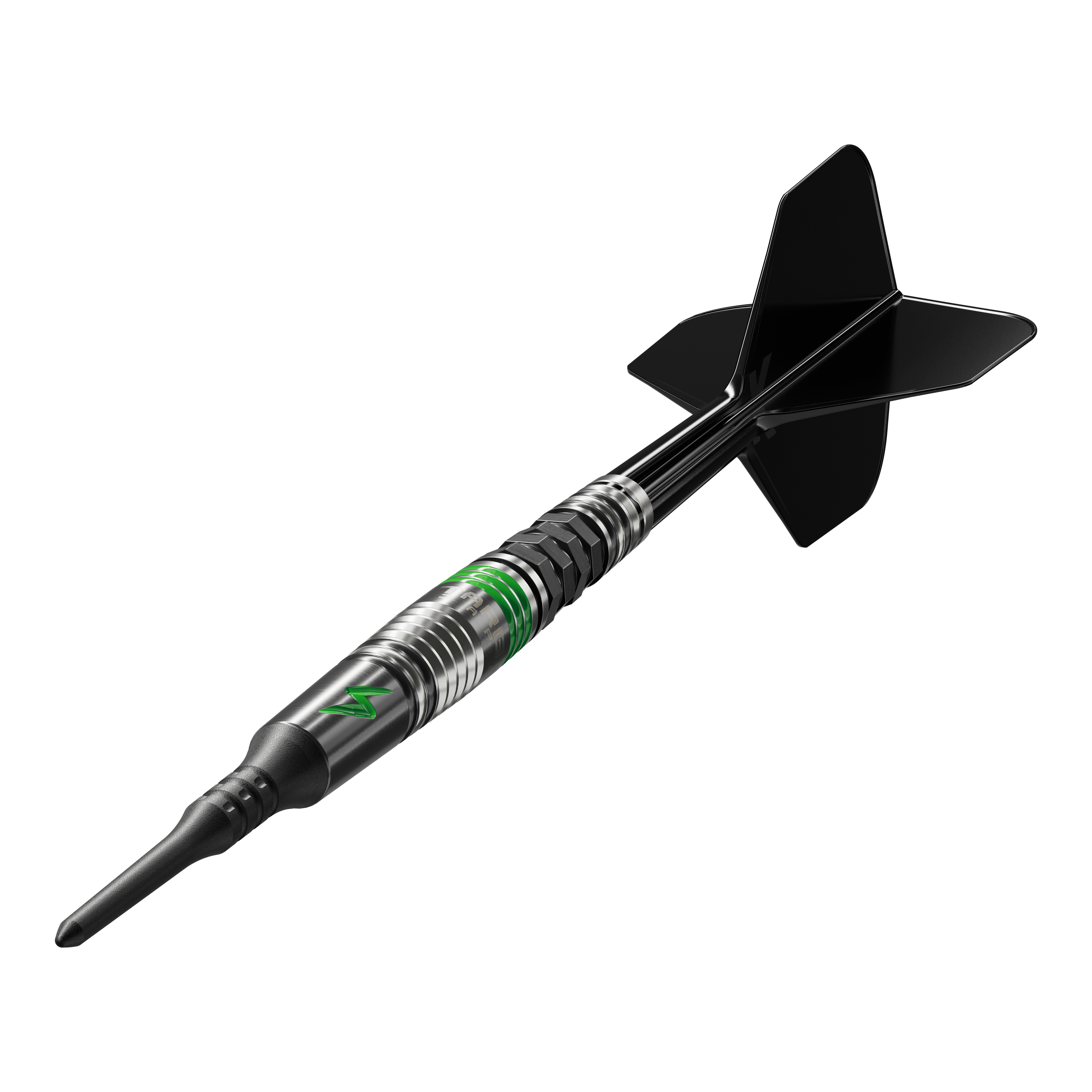 Das Bild zeigt einen Softdart der Marke Target Japan Black Marque Lightning 3 mit einem Gewicht von 19 Gramm. Der Dartpfeil ist schwarz und silber mit grünen Akzenten und hat schwarze Flights.