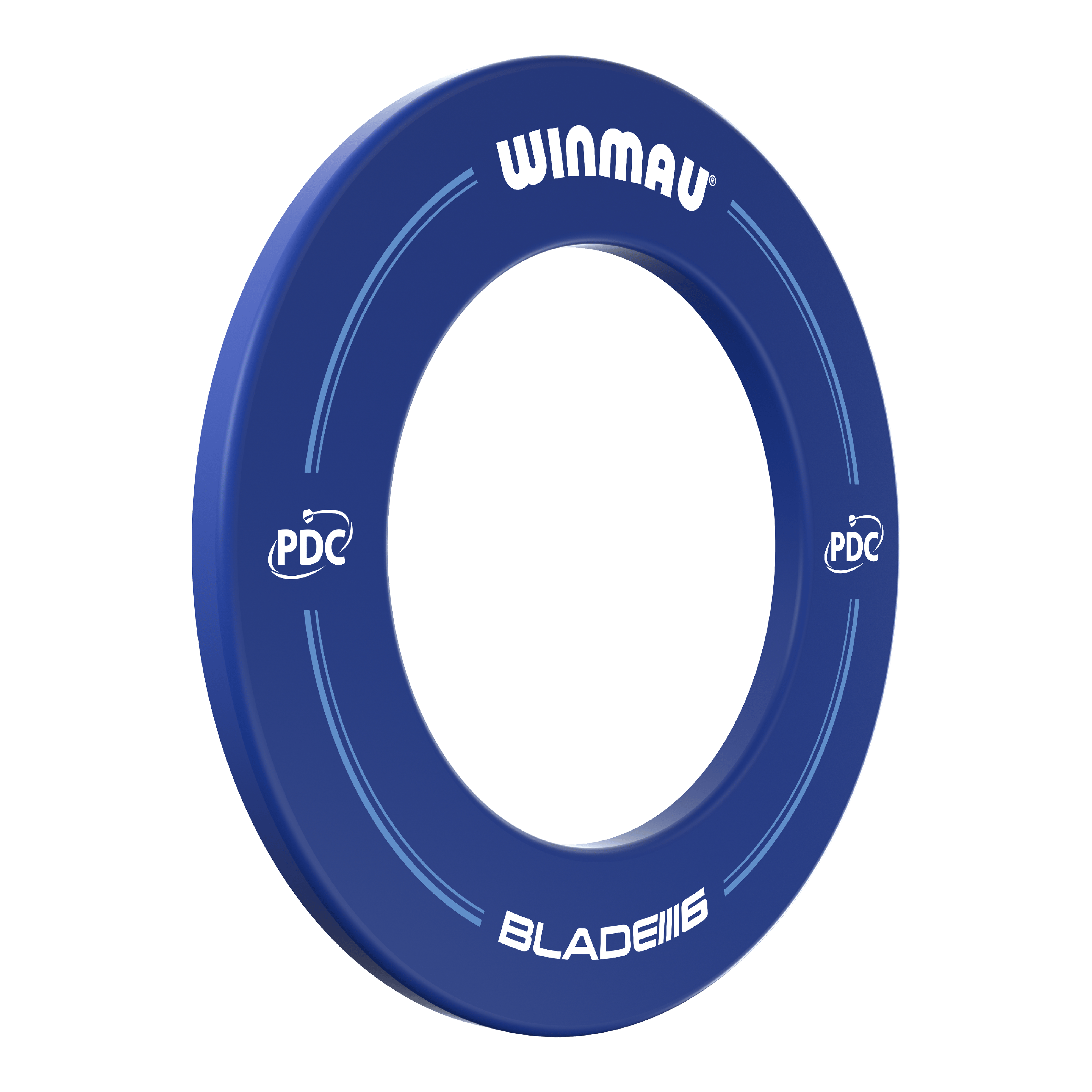 Winmau PDC Dartboard Surround - Blue Das Bild zeigt einen blauen Dartboard-Surround der Marke Winmau mit der Aufschrift "BLADE 6" und "PDC". Der Ring dient zum Schutz der Wand rund um eine Dartscheibe.