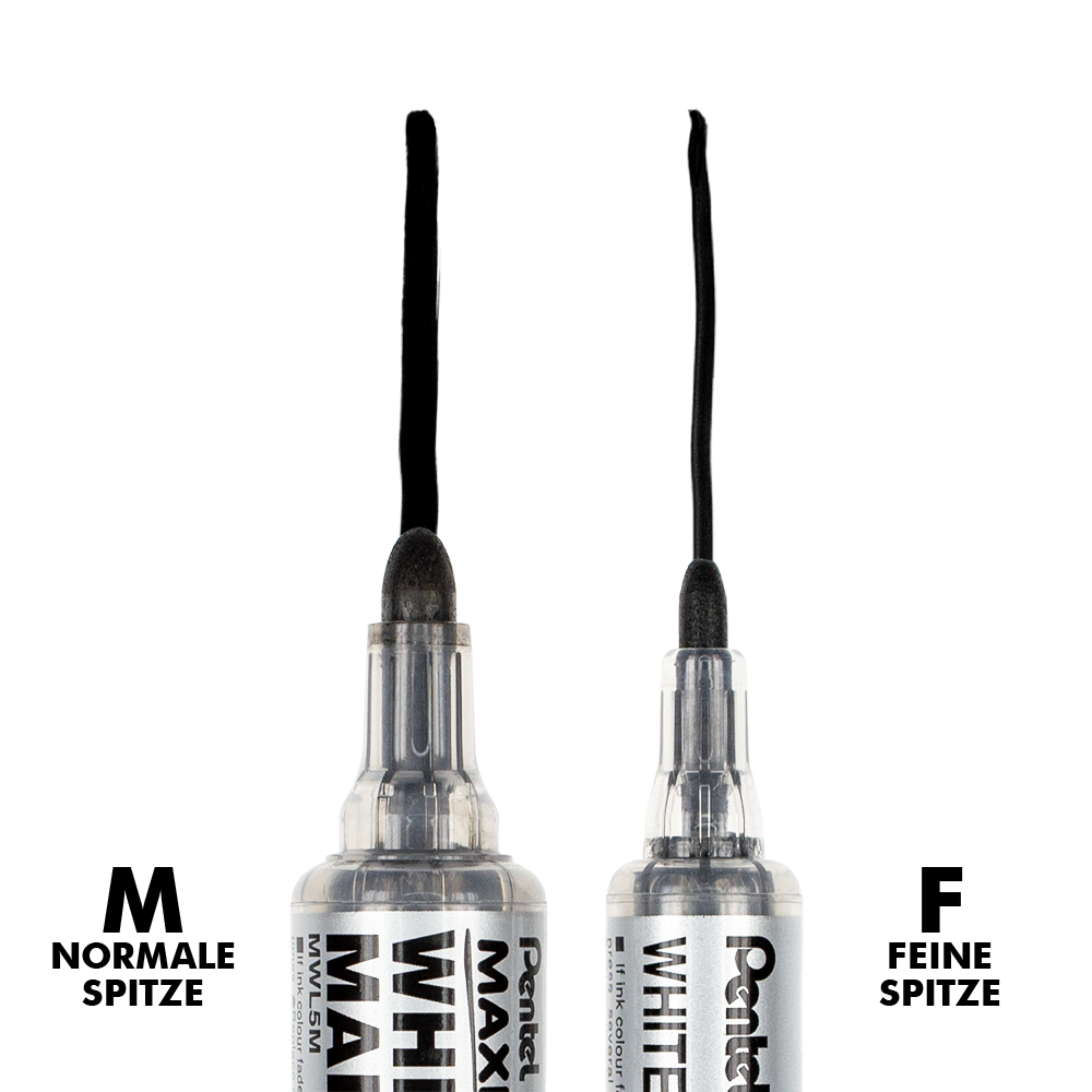 Das Bild zeigt zwei Board Marker Maxiflo von Pentel mit unterschiedlich breiten Linien. Einer schreibt breit, der andere schreibt schmal.