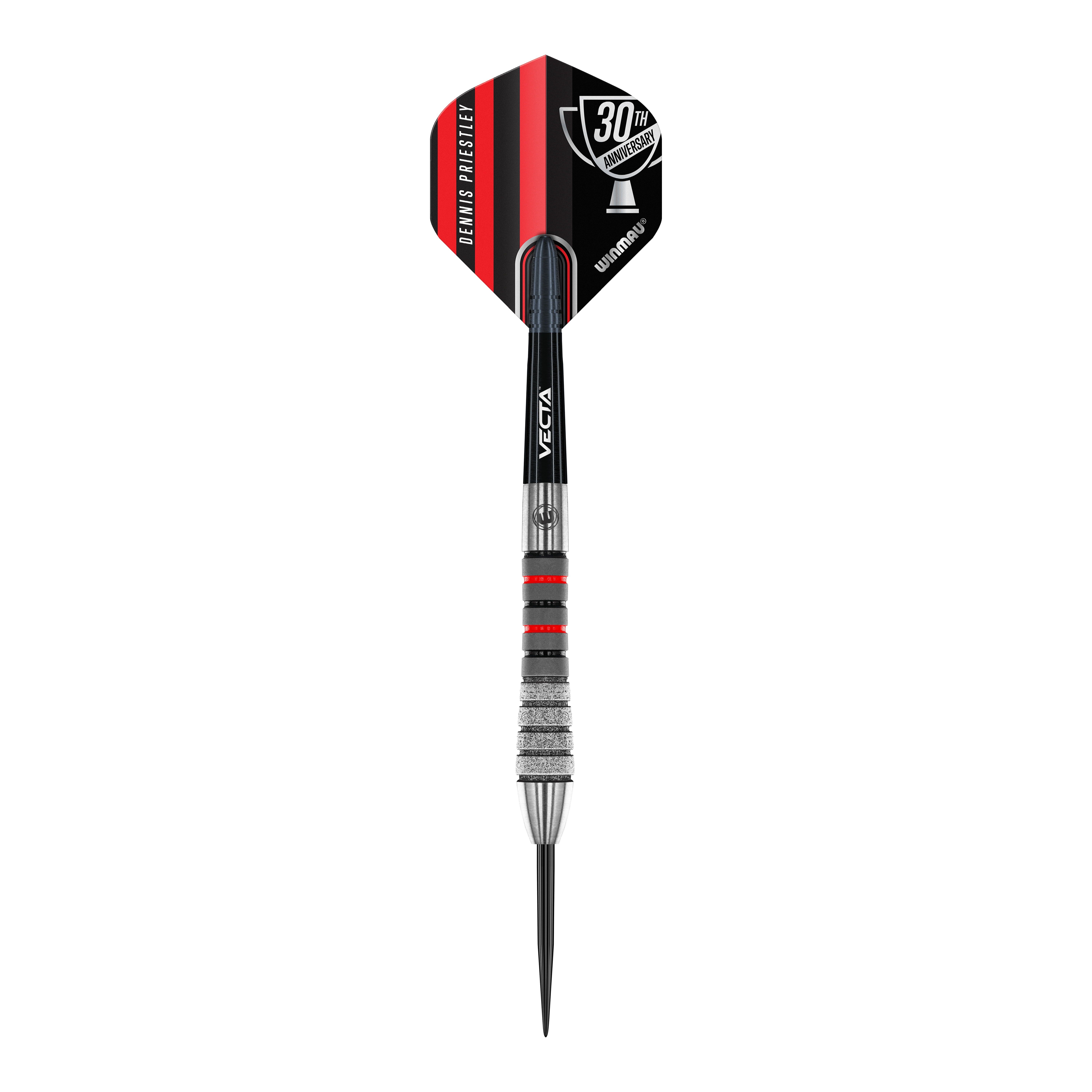 Winmau Dennis Priestley Diamond 3-Zero steel darts Das Bild zeigt einen Winmau Dennis Priestley Diamond 3-Zero Steeldart. Der Dartpfeil hat schwarze, silberne und rote Details sowie eine 30th Anniversary-Beschriftung auf dem Flight.