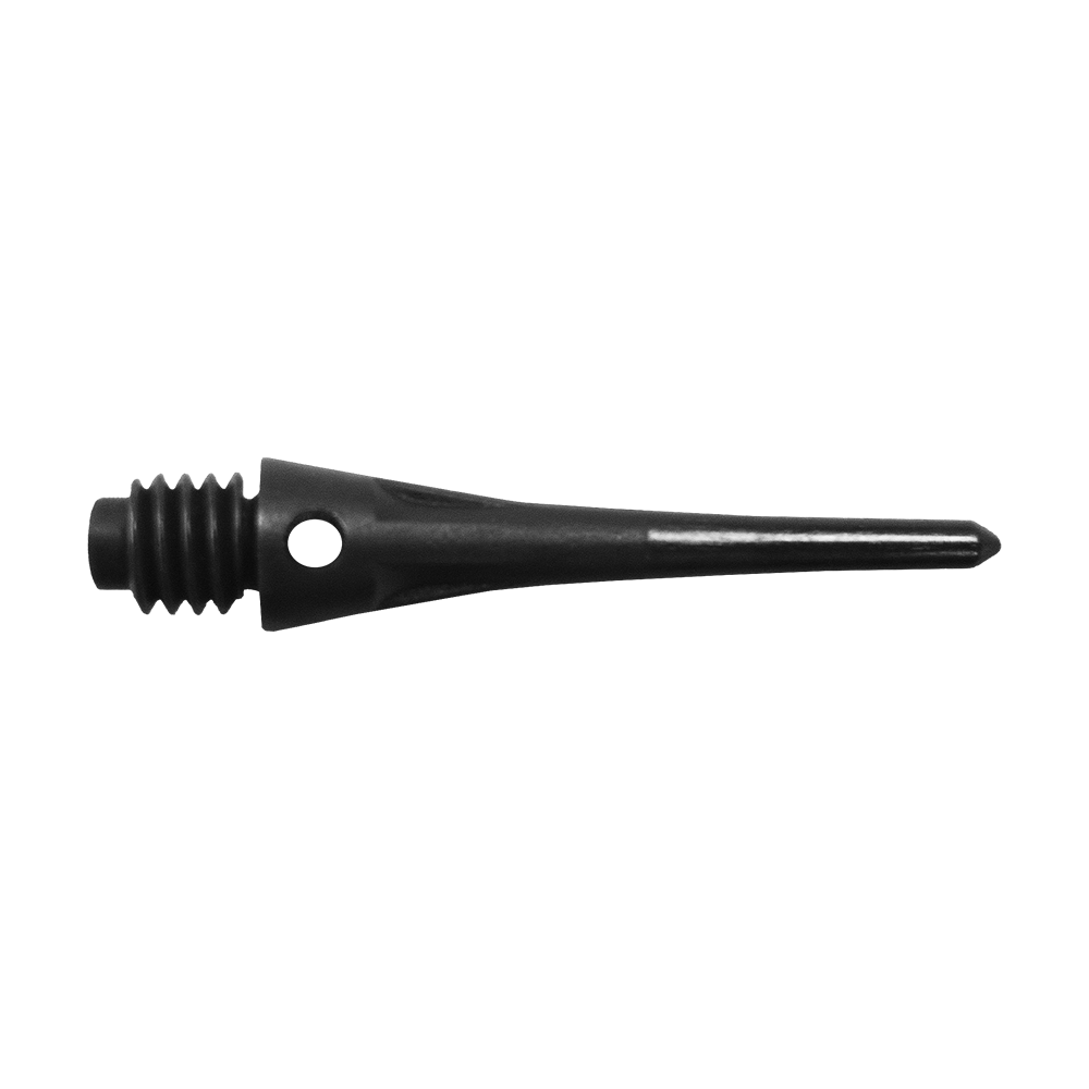 CO-00088_Condor_Tip_Zero-Stress_Softdartspitzen_Schwarz_2 Auf dem Bild ist eine schwarze Softdartspitze abgebildet. Die Spitze hat ein Gewinde und eine kleine Öffnung nahe dem Gewindebereich.