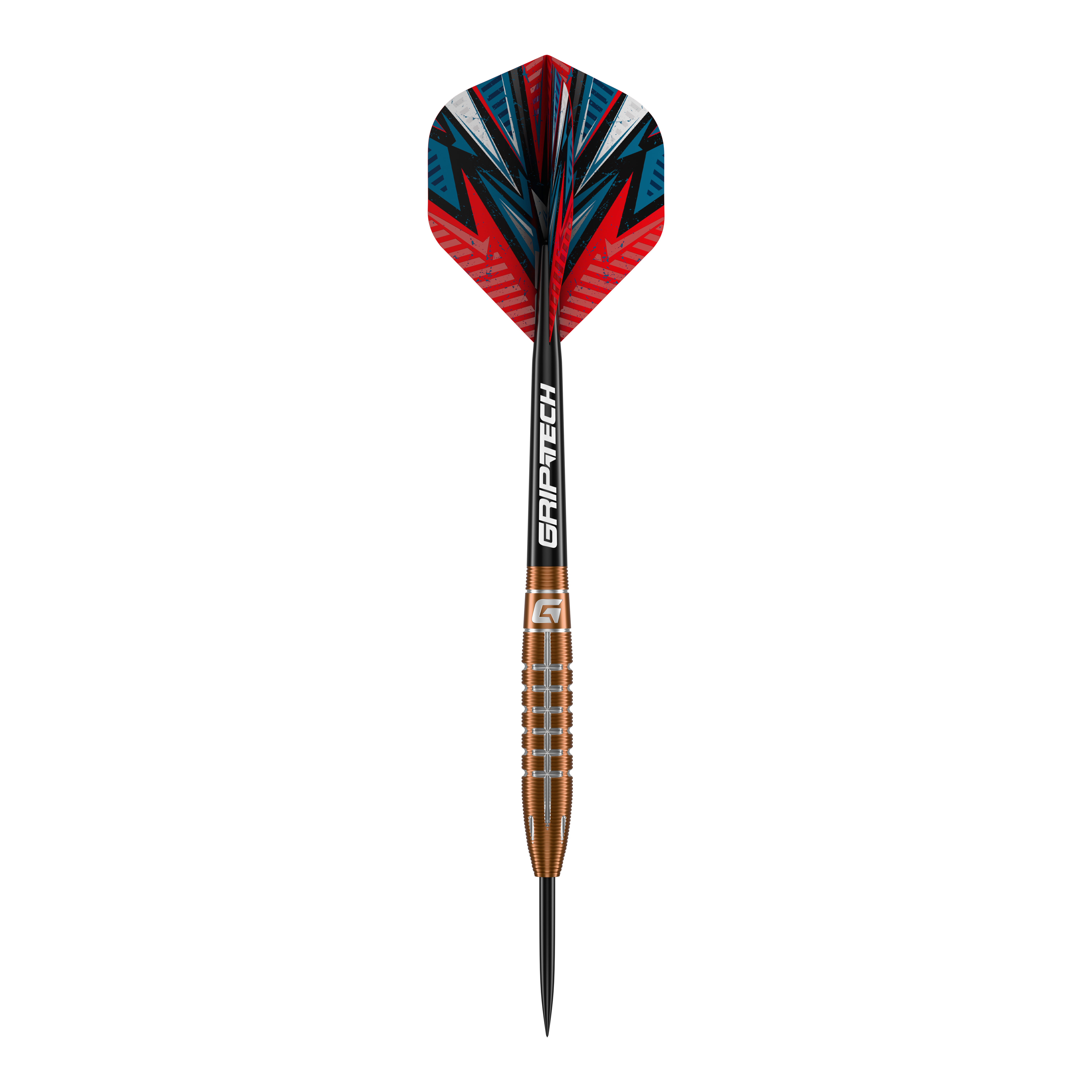 GOAT Quarterback V2 Tungsten Steel Darts - 24g Dies ist ein GOAT Quarterback V2 Tungsten Steeldart mit 24g Gewicht. Er hat eine farbenfrohe Flight-Grafik und einen geriffelten, bronzefarbenen Barrel.