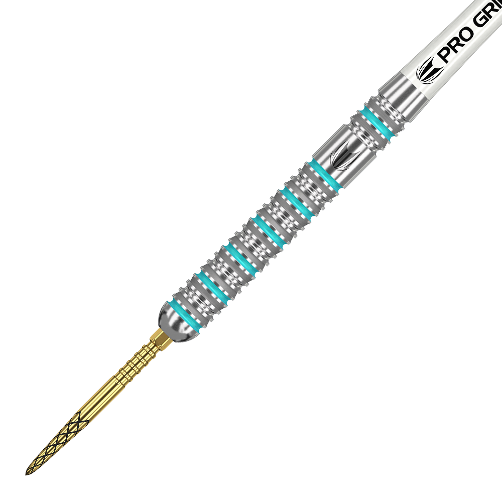 190095_Target_Rob_Cross_GEN2_Swiss_Point_Steeldarts_2 Das Bild zeigt einen Target Rob Cross GEN2 Swiss Point Steeldart. Der Dartpfeil hat einen silbernen Schaft mit türkisfarbenen Akzenten und eine goldfarbene Spitze.