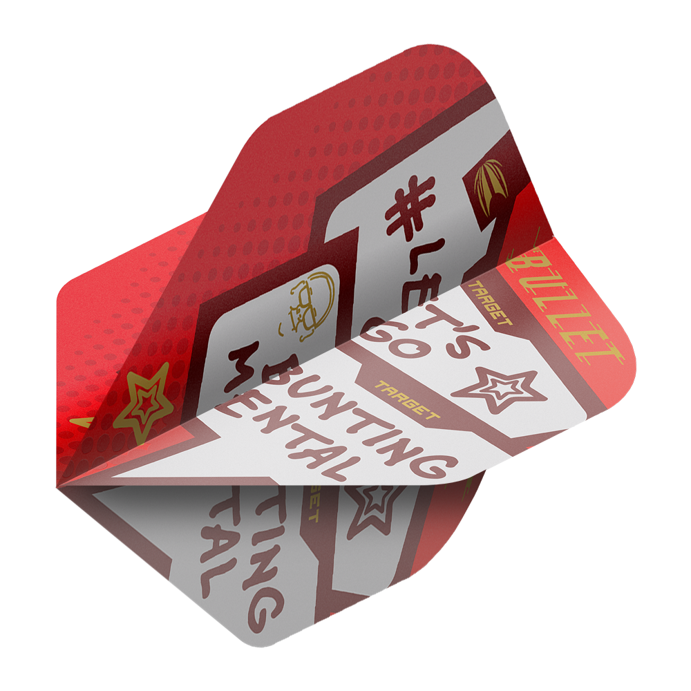 Das Bild zeigt ein Dart-Flight mit der Aufschrift „BUNTING MENTAL“ und „LET’S GO“. Das Flight hat ein rotes und weißes Design mit gelben und braunen Akzenten.