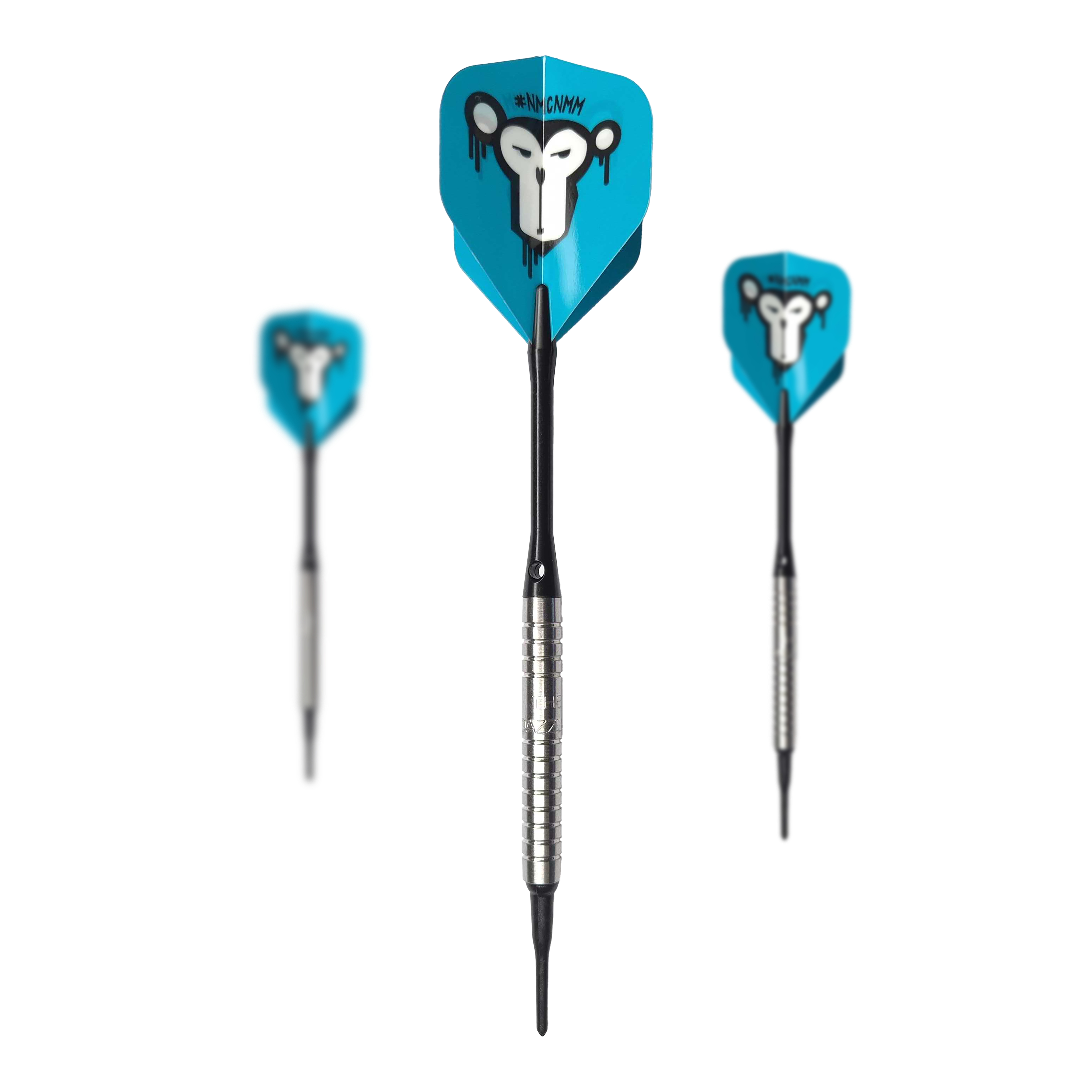 McDart 85 Tungsten V15 Softdarts - 16.5g Das Bild zeigt drei Softdarts des Modells "McDart 85er Tungsten V15" mit einem Gewicht von 16,5g. Die Flights sind blau und haben ein auffälliges Affengesicht als Motiv.