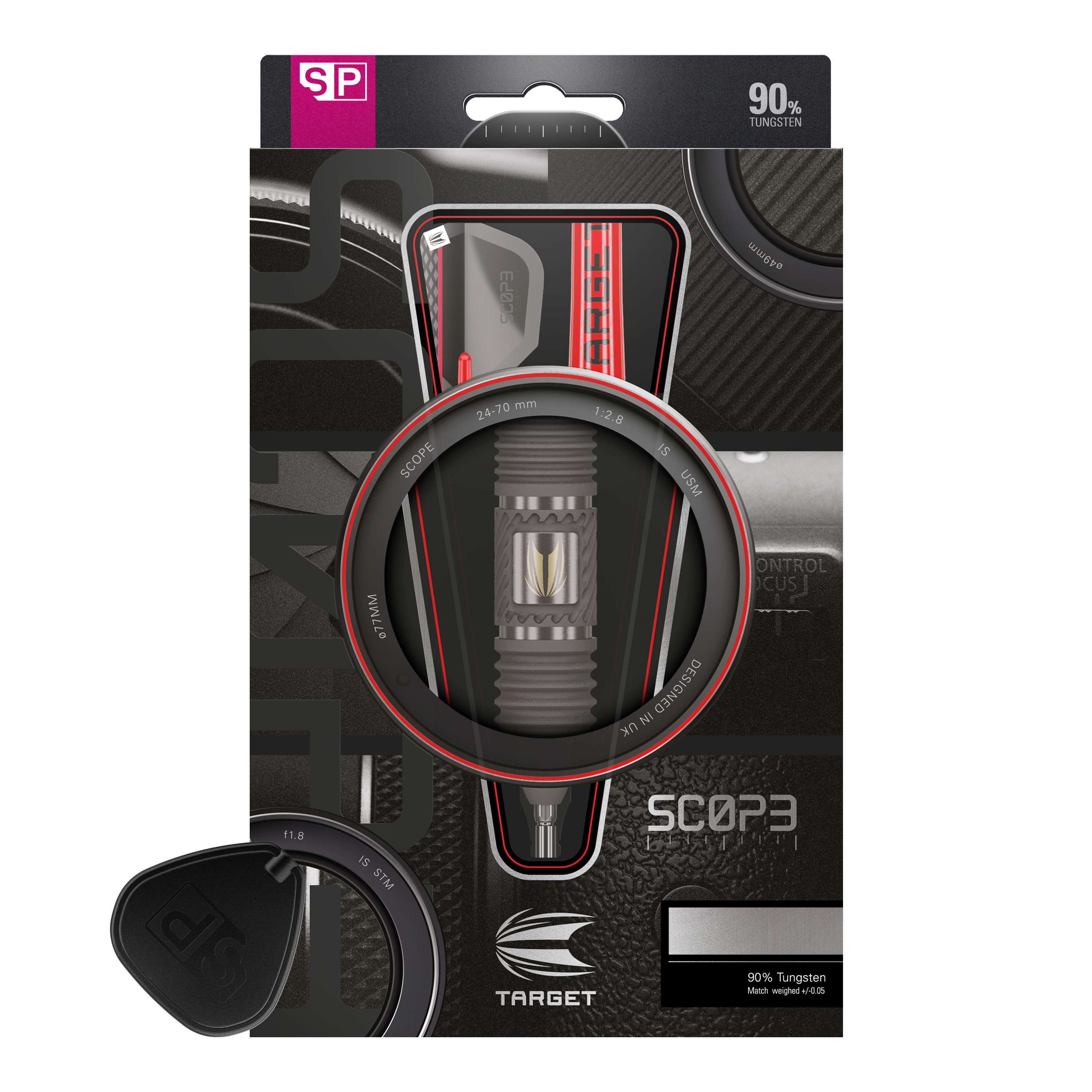 Auf dem Bild ist eine Verpackung für Steeldarts der Marke Target zu sehen. Die Verpackung hebt hervor, dass die Darts aus 90% Tungsten bestehen und das Modell den Namen "Scope" trägt.