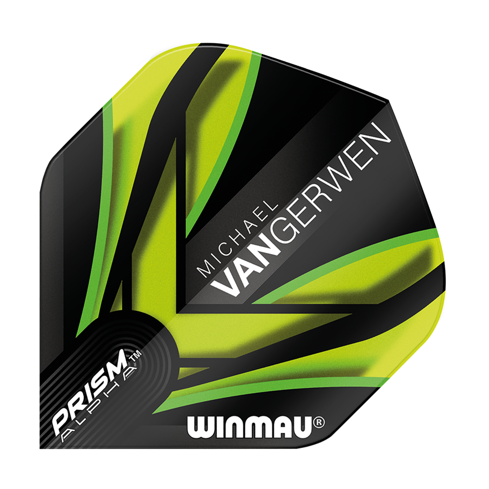 6915-145_Winmau_Prism_Alpha_MvG_Black_Green_V2_Standard_Flights_1x7JcQ6h7kBRAx Winmau Prism Alpha MvG Black Green V2 Standard Flights mit geometrischen Linien. Die Flights sind symmetrisch ausgelegt.