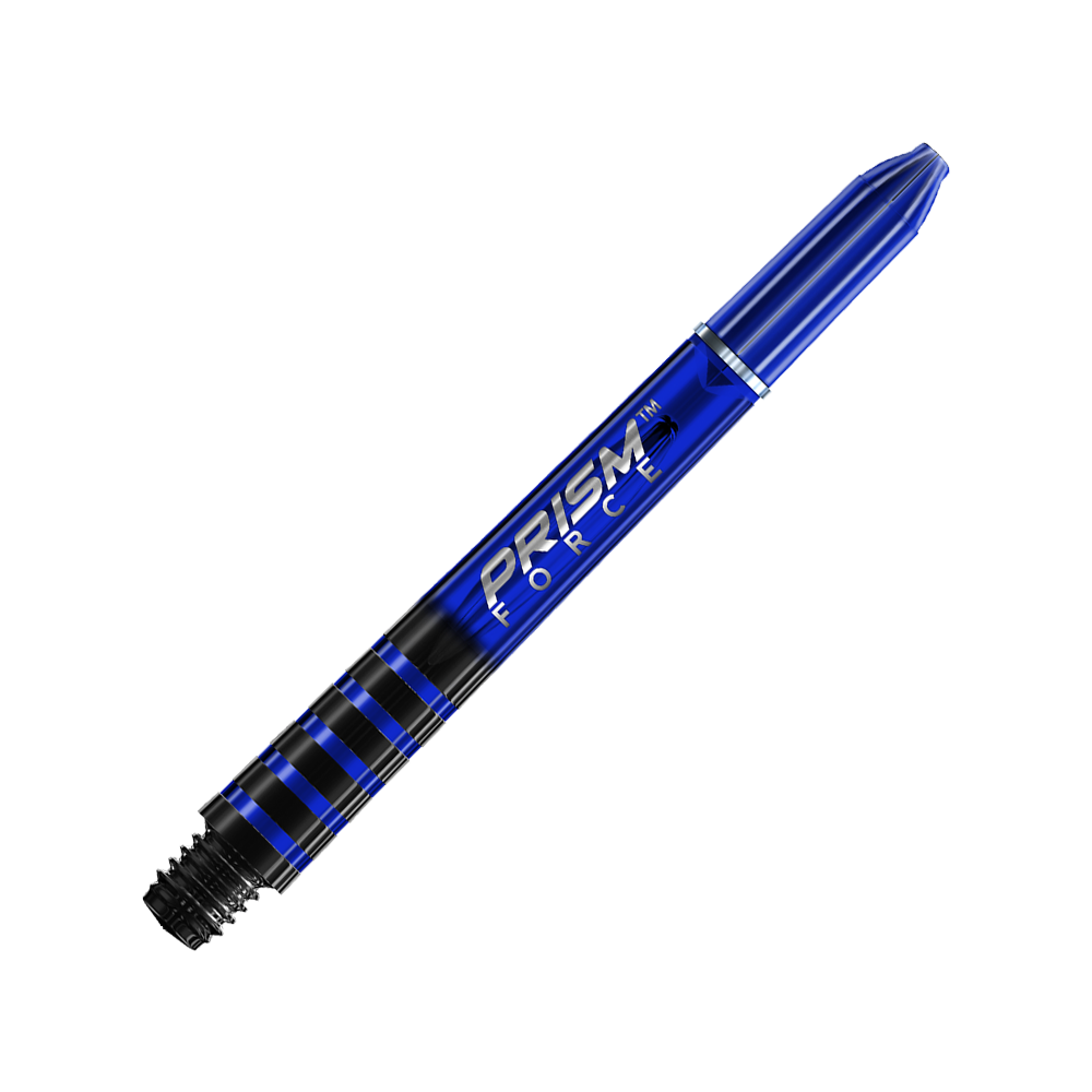 7020-403_Winmau_Prism_Force_Shafts_Blau_41mm_2 Auf dem Bild ist ein blauer Dartshaft mit der Aufschrift "PRISM FORCE" zu sehen. Der Hintergrund besteht aus schrägen, blau-grauen Streifen.