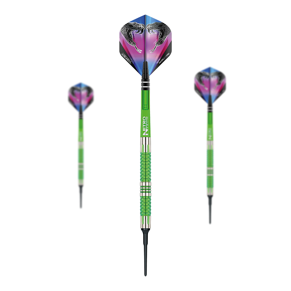 Red Dragon Peter Wright Snakebite Mamba 2 soft darts Das Bild zeigt drei Softdarts des Modells "Red Dragon Peter Wright Snakebite Mamba 2". Die Darts sind grün-silbern und haben bunte Flights mit Schlangenmotiven.