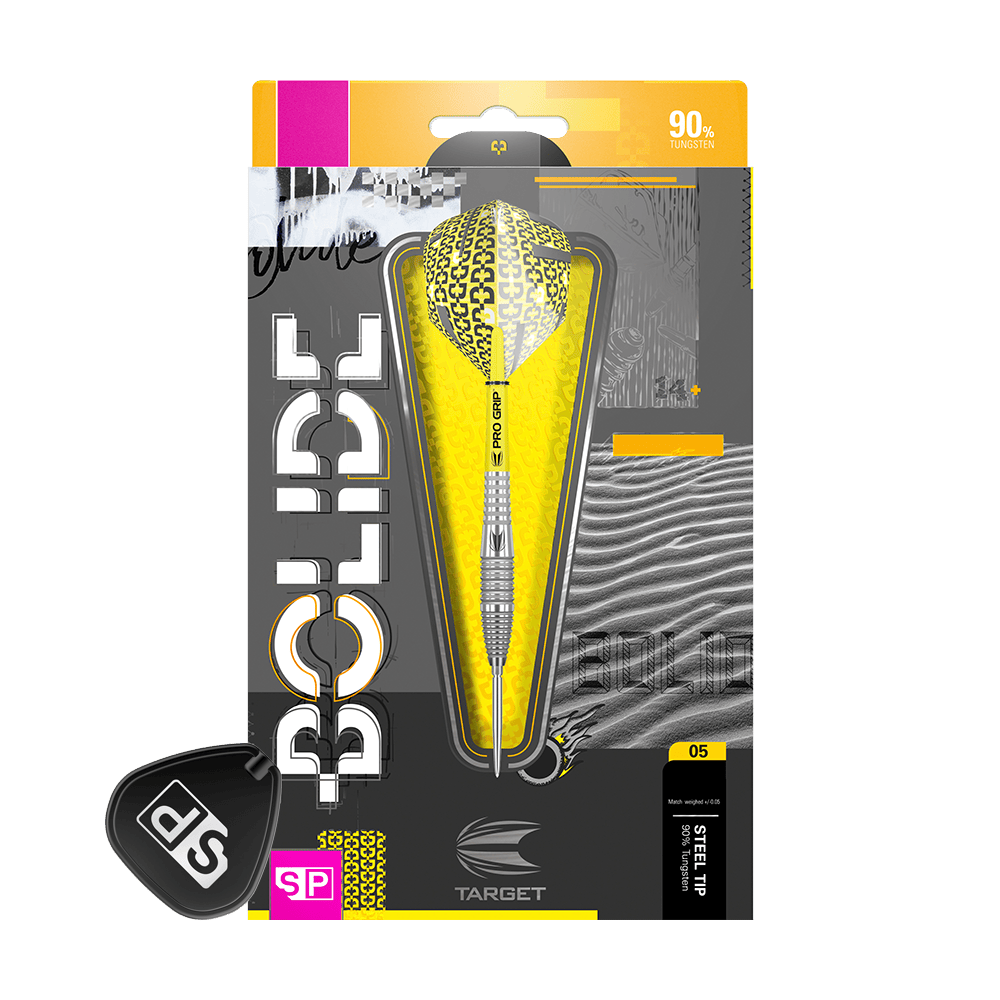 Das Bild zeigt die Verpackung der Target Bolide 05 Swiss Point Steeldarts. Die Darts haben ein auffälliges gelb-schwarzes Design und bestehen zu 90 % aus Tungsten.
