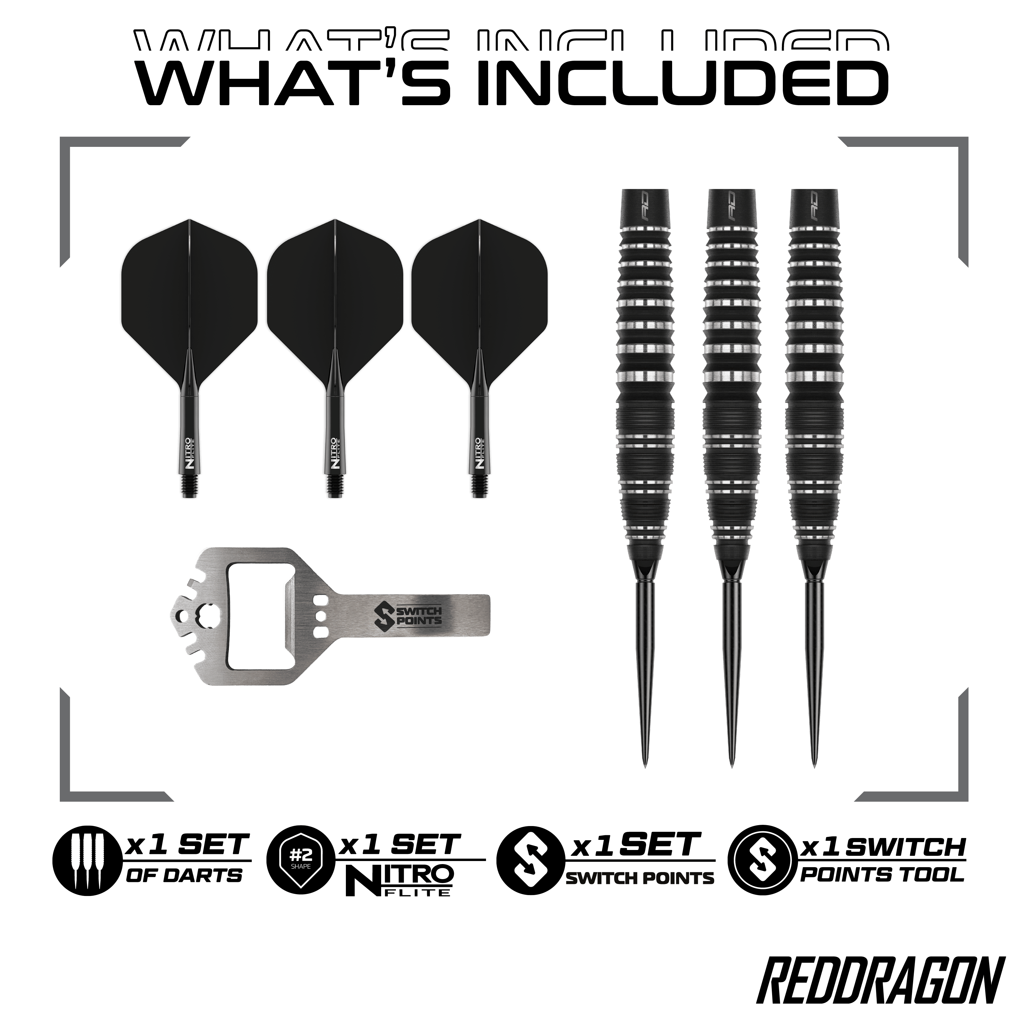 Red Dragon Sable Bomb Switch Point Steel Darts Das Bild zeigt die Red Dragon Sable Bomb Switch Point Steeldarts. Die Darts haben ein markantes Design und sind speziell für das Steeldartspiel entwickelt.