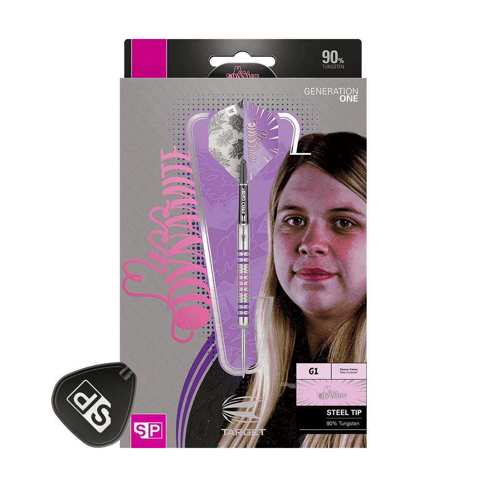 Die Abbildung zeigt die Target Eleanor Cairns GEN1 Swiss Point Steeldarts mit 24g Gewicht. Die Verpackung ist überwiegend lila und zeigt neben dem Dartpfeil ein Porträt einer Frau.