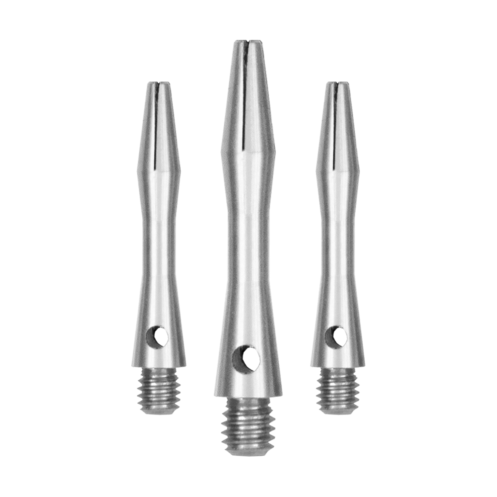 Das Bild zeigt drei silberne Aluminium-Schäfte in verschiedenen Längen. Sie haben ein glattes, metallisches Finish und ein Schraubgewinde am unteren Ende.
