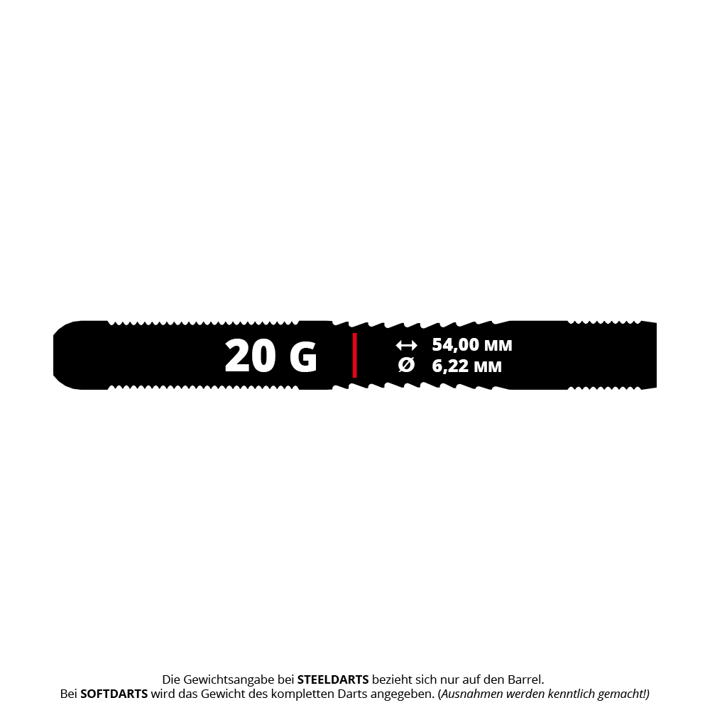 Das Bild zeigt den Barrel des Bulls NL Benjamin Pratnemer Steeldarts mit einem Gewicht von 20 Gramm. Die Länge beträgt 54,00 mm und der Durchmesser 6,22 mm.