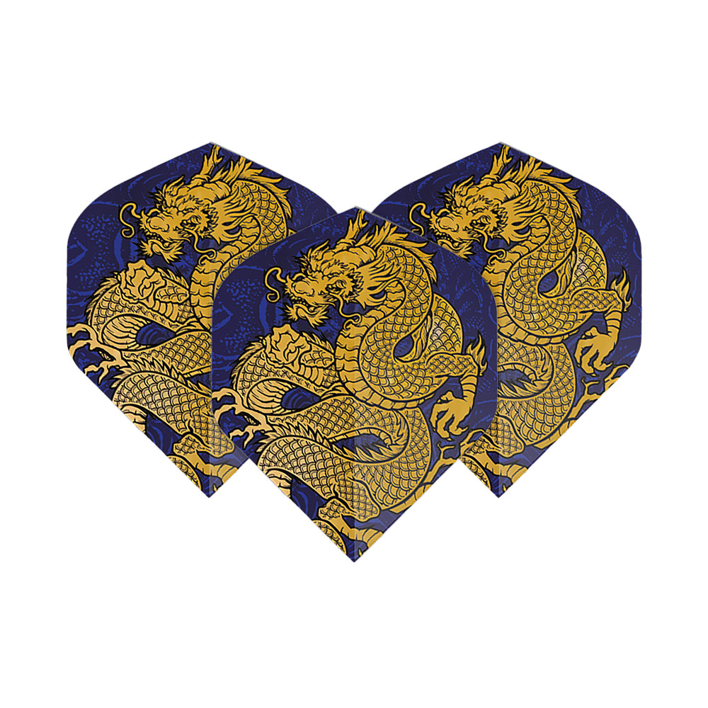 Pentathlon Flights Dragon blue Auf dem Bild sind drei Dartflights mit einem auffälligen goldenen Drachendesign auf dunkelblauem Hintergrund zu sehen. Es handelt sich um die "Pentathlon Dragon 4 Standard Flights".