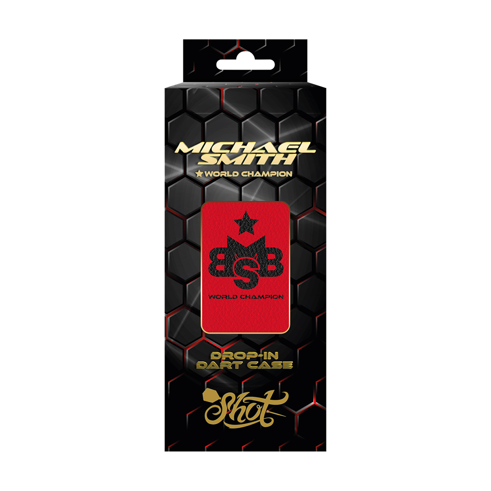 Die Abbildung zeigt das Produkt "Shot Michael Smith World Champion Drop-In Dartcase" in der Farbe Rot. Die Verpackung ist schwarz mit Wabenmuster und hebt das rote Dartcase mit dem Aufdruck "World Champion" hervor.
