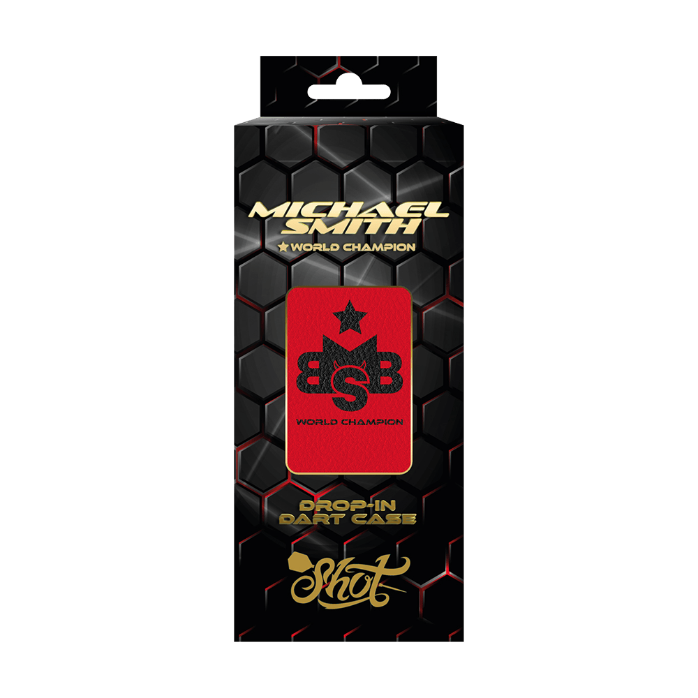 Shot Michael Smith World Champion Drop-In Dartcase - Rot Die Abbildung zeigt das Produkt "Shot Michael Smith World Champion Drop-In Dartcase" in der Farbe Rot. Die Verpackung ist schwarz mit Wabenmuster und hebt das rote Dartcase mit dem Aufdruck "World Champion" hervor.