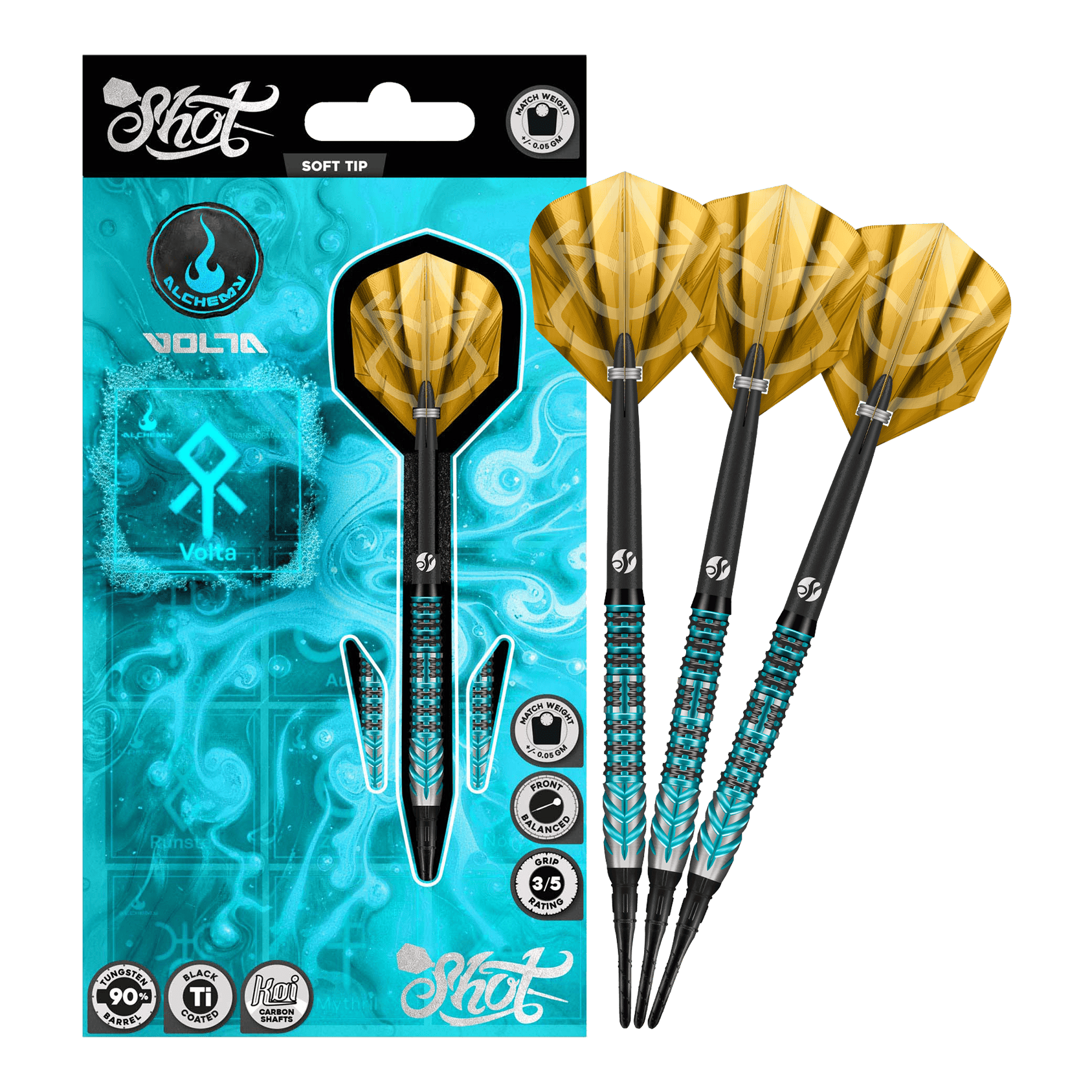 Shot Alchemy Volta Soft Darts - 20g Auf dem Bild sind die Shot Alchemy Volta Softdarts - 20g zu sehen. Die Softdarts sind vollständig abgebildet.