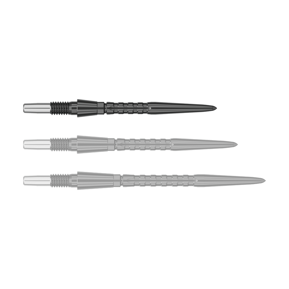 Target Swiss Point Storm Surge Steel Dart Tips - Black Auf dem Bild sind drei schwarze Steeldartspitzen in unterschiedlichen Ansichten zu sehen. Sie sind lang, schlank und haben ein geriffeltes Muster zur besseren Griffigkeit.