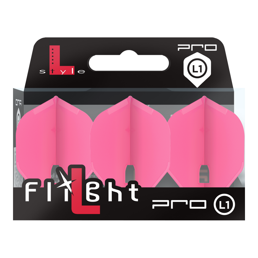 Auf dem Bild ist eine Packung mit drei pinken Dart-Flights der Marke L-Style zu sehen. Die Verpackung zeigt den Schriftzug "Flight Pro L1" auf der Vorderseite.