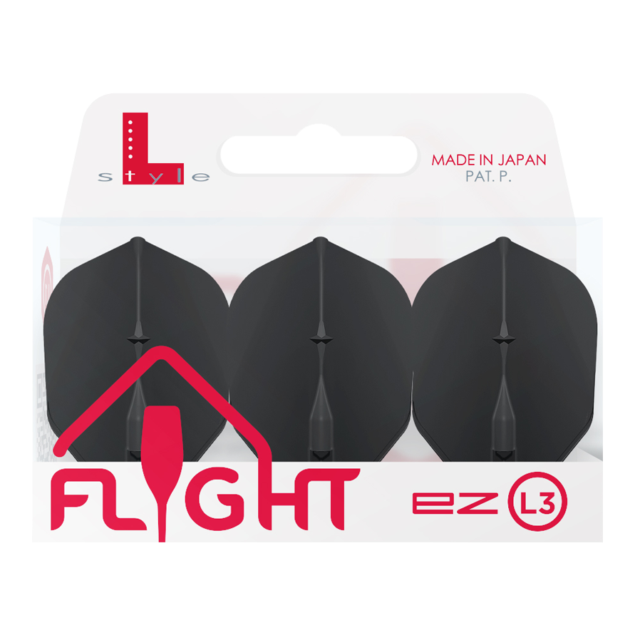 L-L-Style3EZ Flights Auf dem Bild ist eine Packung mit drei schwarzen Dartflights der Marke L-Style zu sehen. Die Verpackung trägt die Aufschrift „MADE IN JAPAN“ und „FLIGHT ez L3“.