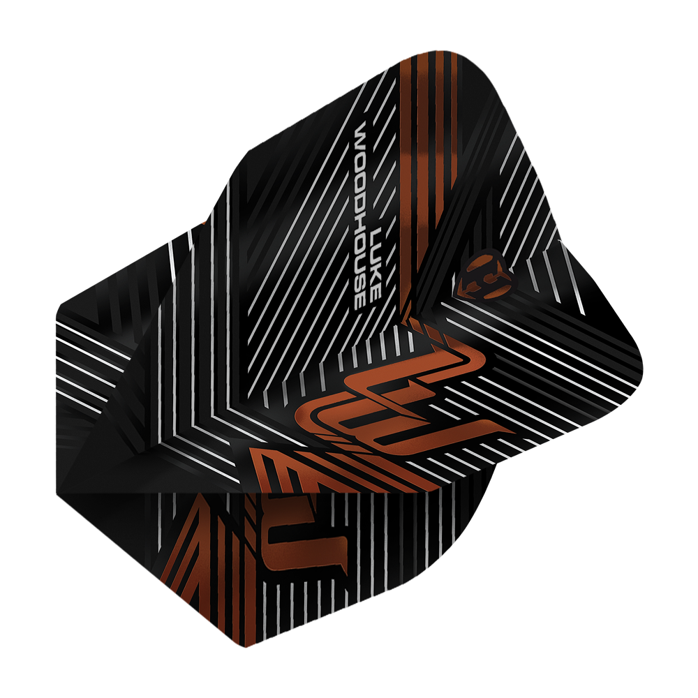 Harrow's Luke Woodhouse Series 2 Flights Das Bild zeigt die Harrows Luke Woodhouse Series 2 Flights. Die Flights sind schwarz mit weißen und orangefarbenen Linien sowie dem Namen "Luke Woodhouse" darauf.