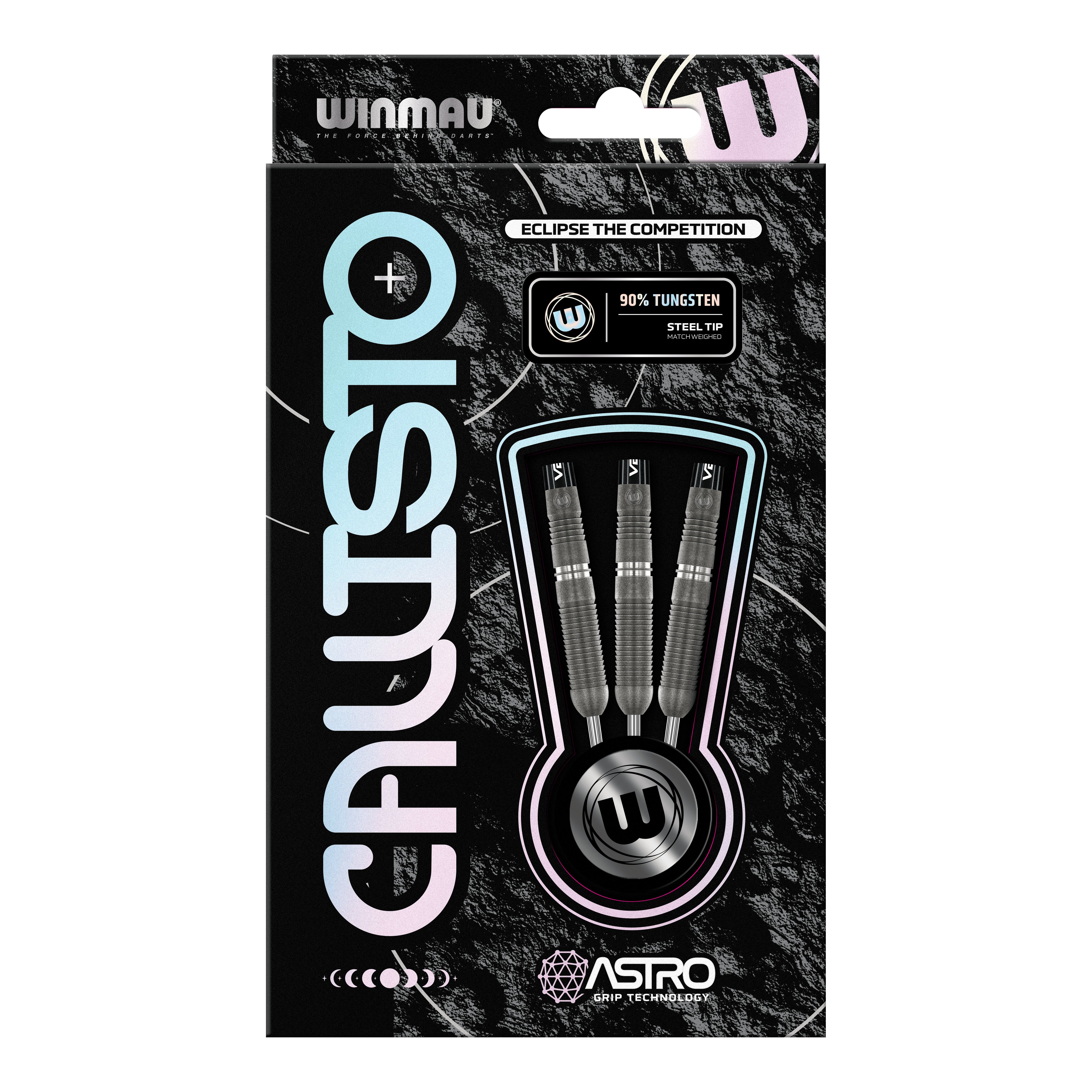 Winmau Callisto 03 Steeldarts Das Bild zeigt eine Verpackung der "Winmau Callisto 03 Steeldarts". Drei Steeldarts mit 90% Tungsten und Astro Grip Technologie sind sichtbar durch ein Sichtfenster präsentiert.