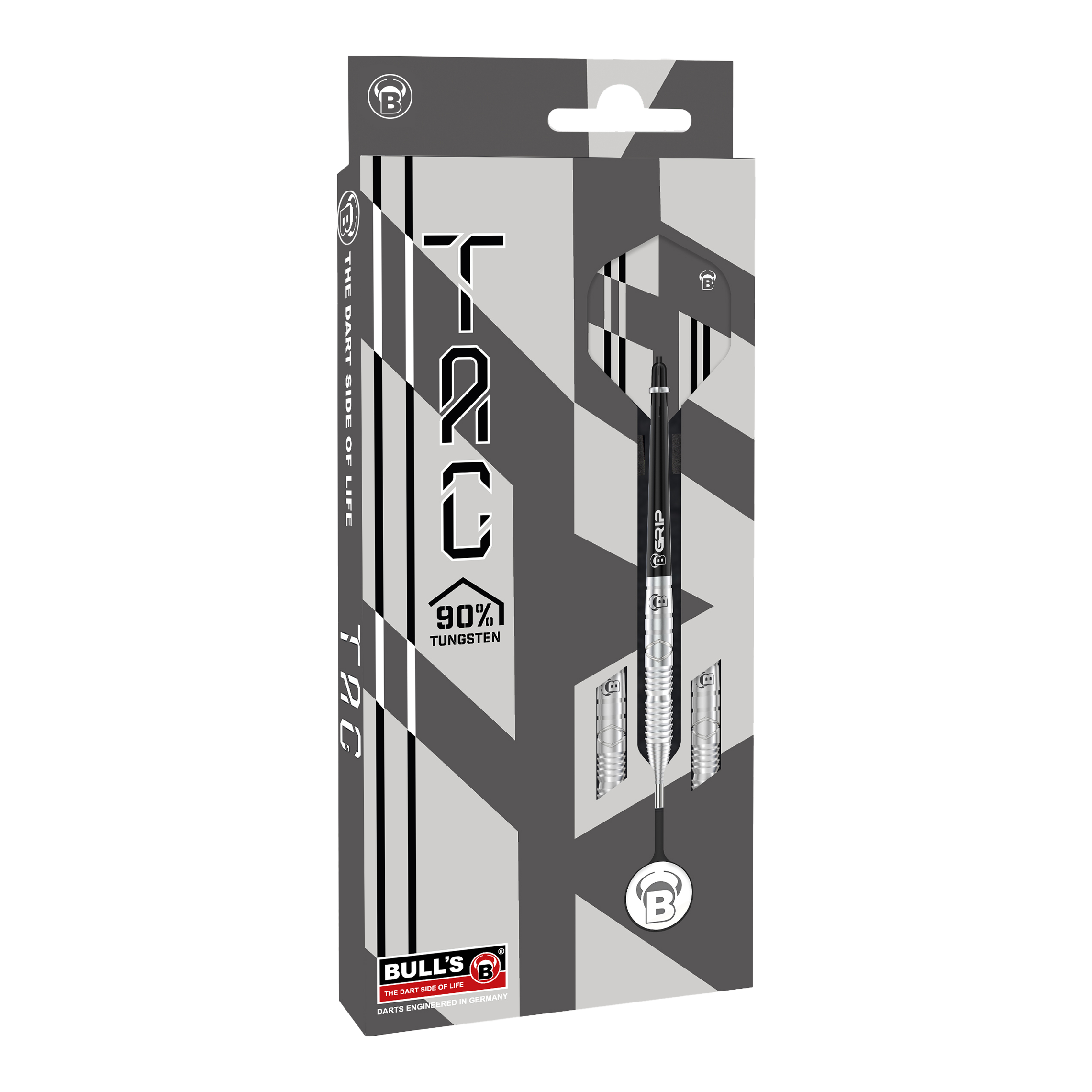 Bulls Tac T3 Steeldarts Die Abbildung zeigt die Verpackung der Bulls Tac T3 Steeldarts. Auf der Vorderseite ist zu erkennen, dass die Darts zu 90 % aus Tungsten bestehen.