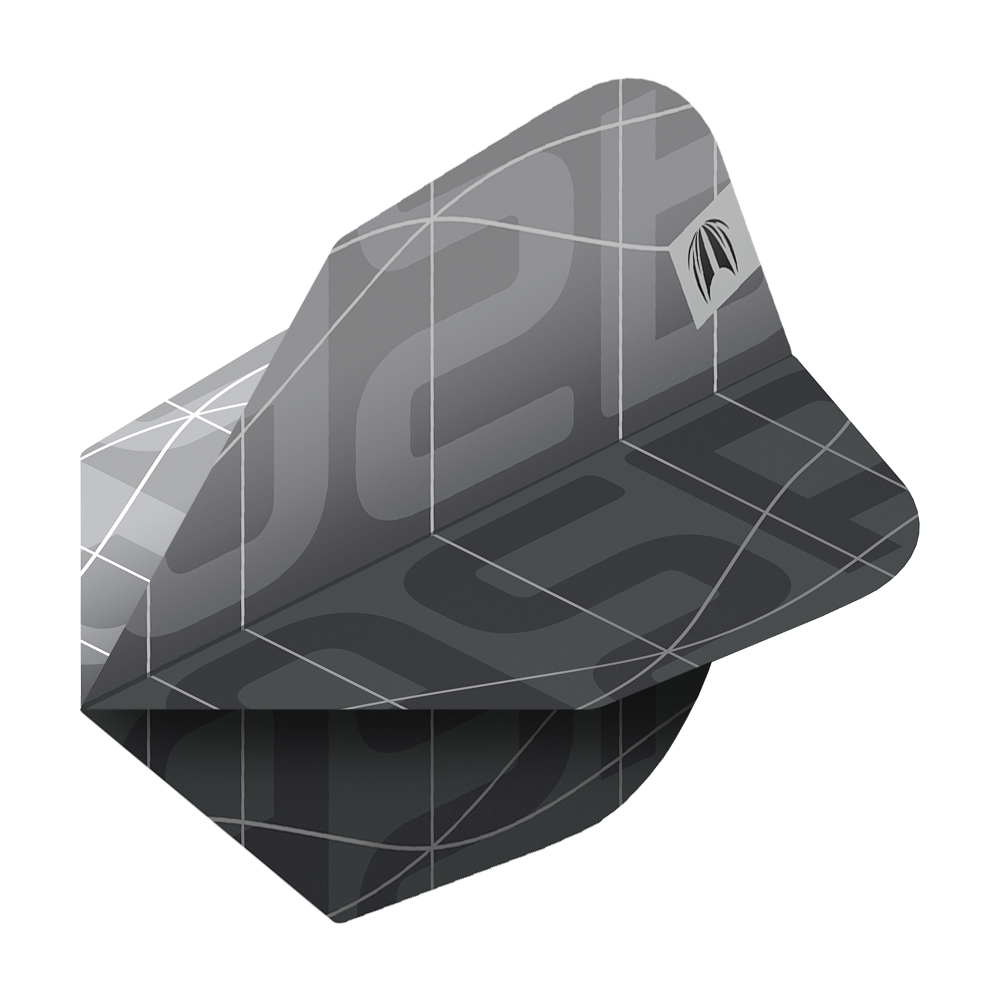 Target Pro Ultra Aspinall X Echo No6 Flights - 3 Sets Das Bild zeigt ein Set von Target Pro Ultra Aspinall X Echo No6 Flights für Darts. Die Flights sind in einem modernen, dunklen Design mit grafischen Linien und einem dezenten Logo gestaltet.