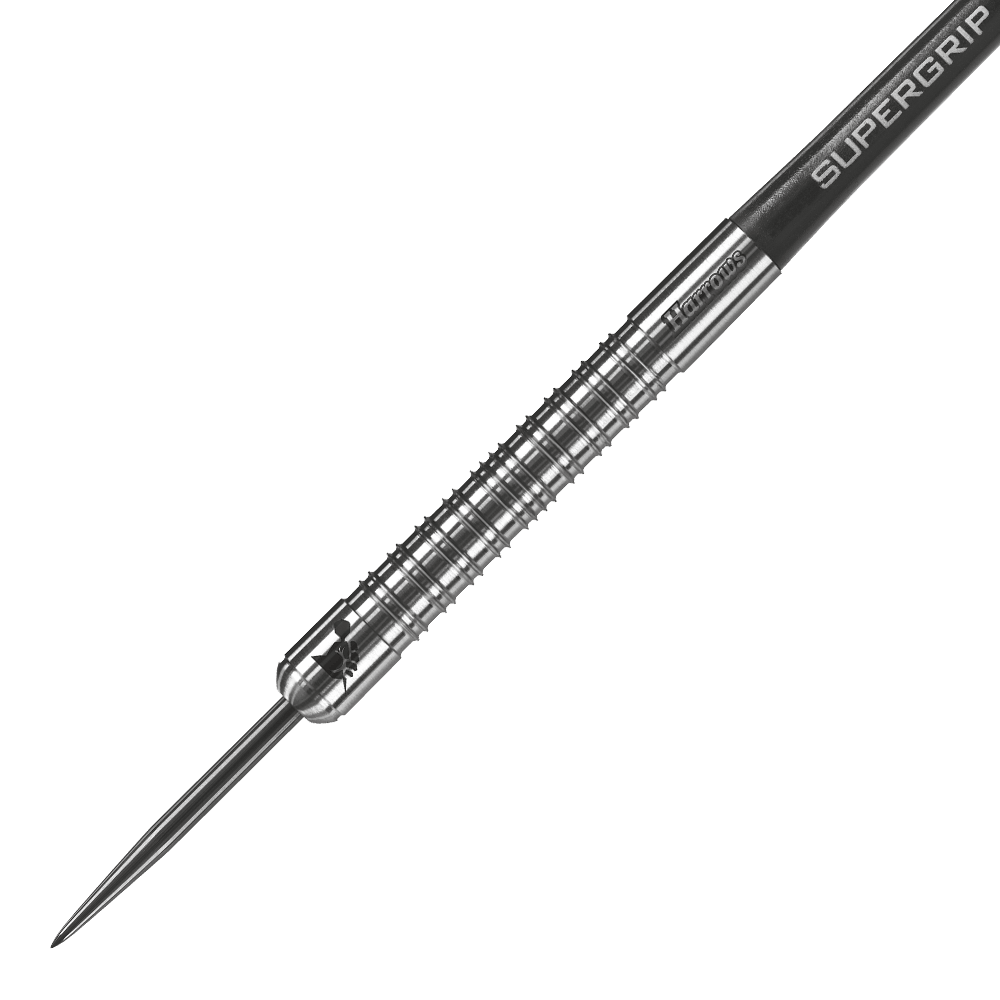 HA11650-Harrows-Supergrip-90-Tungsten-Steeldarts-2 Das Bild zeigt einen Harrows Supergrip 90% Tungsten Steeldart. Der Dartpfeil hat ein silbernes, geriffeltes Metallgehäuse und einen schwarzen Schaft mit der Aufschrift "SUPERGRIP".