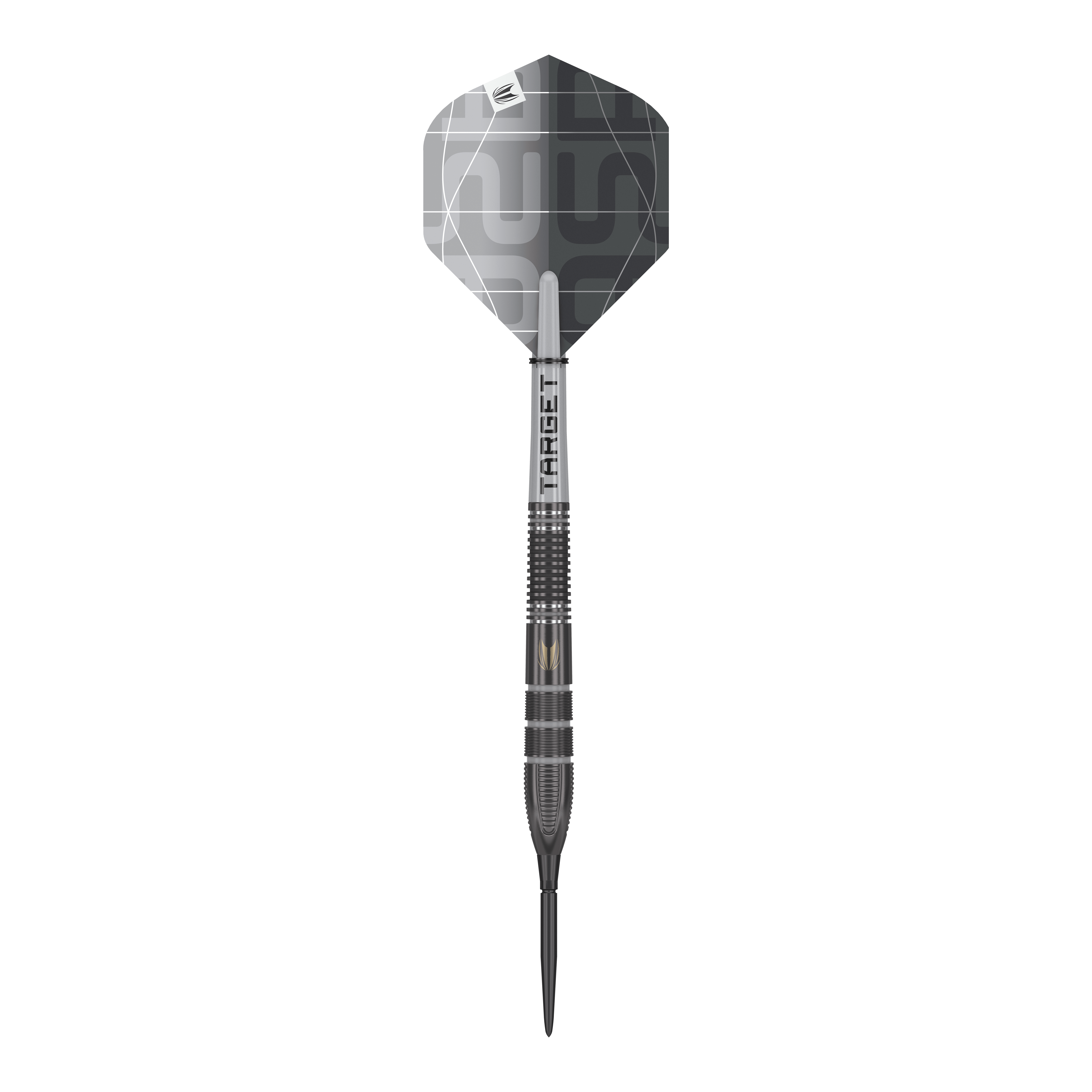 Target Nathan Aspinall X Echo Swiss Point steel darts Der "Target Nathan Aspinall X Echo Swiss Point Steeldarts" ist ein hochwertiger Steeldart in elegantem Schwarz-Grau-Design. Er besitzt eine fein gerillte Griffstruktur und moderne, geometrische Muster auf dem Flight.
