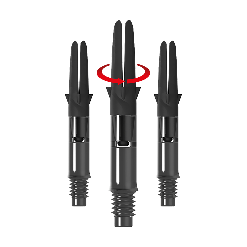 L-L-Style-Shaft Carbon Silent Straight - Black Das Bild zeigt drei schwarze Carbon-Schaftsätze für Dartpfeile ohne Kappen. Über dem mittleren Schaft ist ein roter Pfeil, der eine Drehbewegung anzeigt.