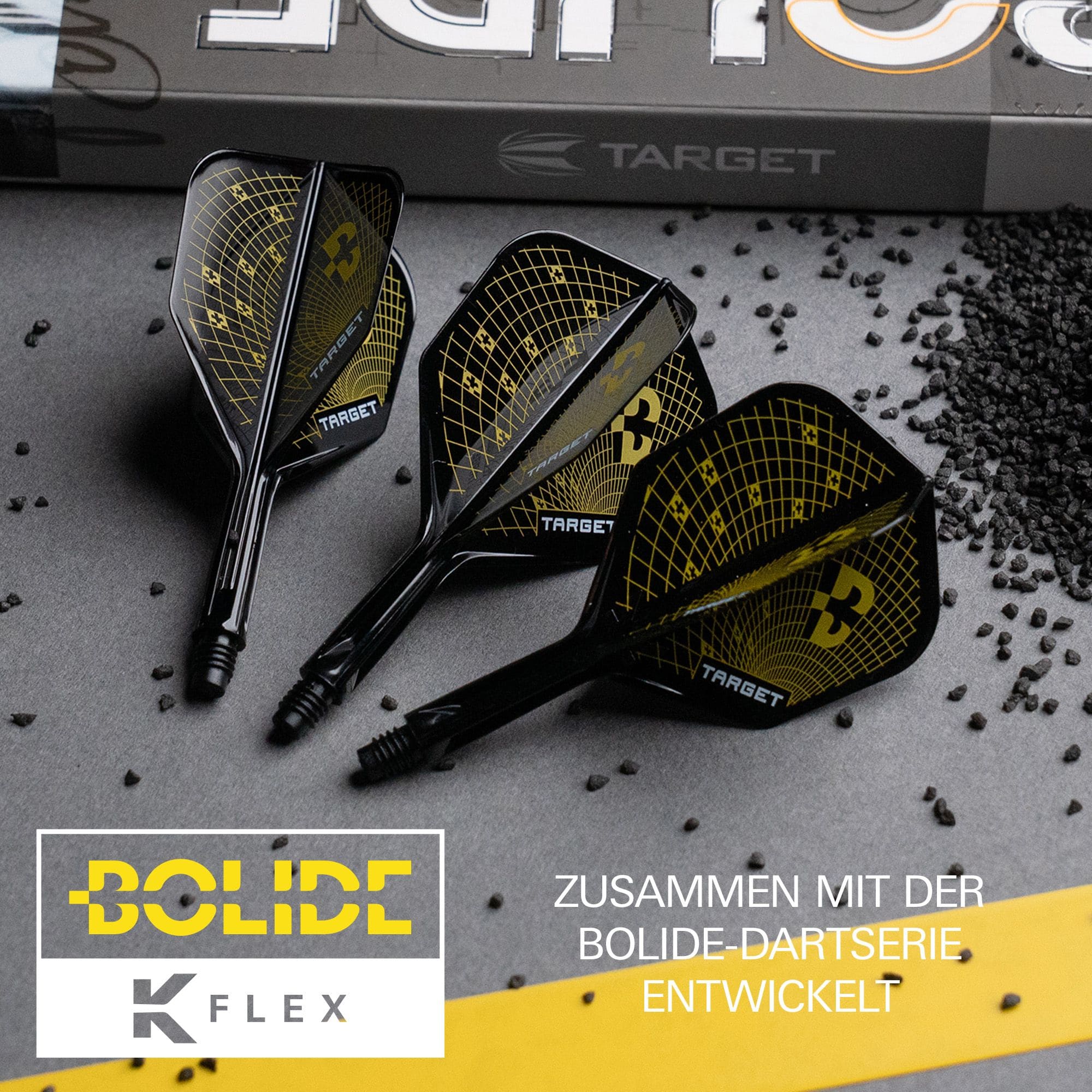 Das Bild stellt die Target K-Flex Bolide No2 Standard Flights dar. Diese Flights eignen sich ideal für ambitionierte Dartspieler.