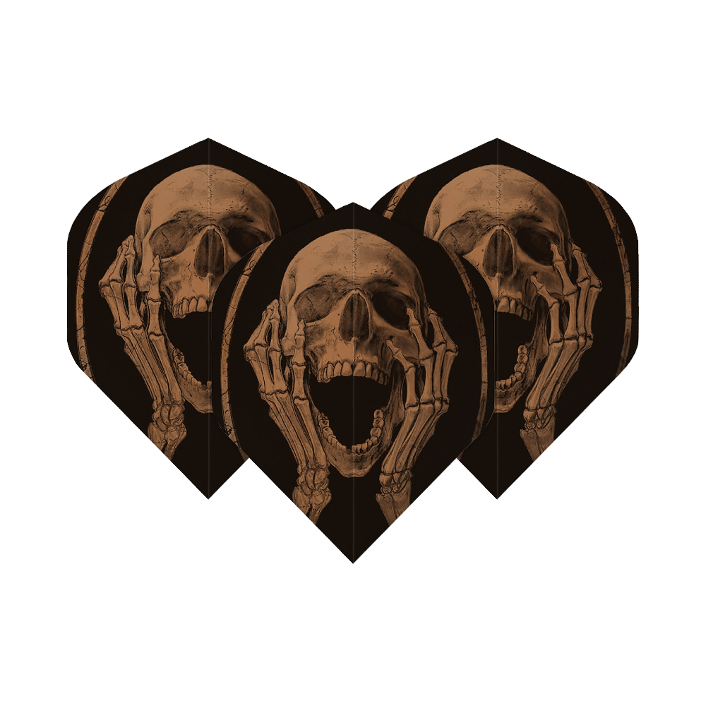 ALC19_Alchemy_The_Scream_Standard_Flights_1nhXWnf9KY1GpV Auf dem Bild sind drei Dart-Flights mit einem Schädel-Design zu sehen. Die Skeletthände halten den Schädel, der den Mund weit geöffnet hat, als würde er schreien.