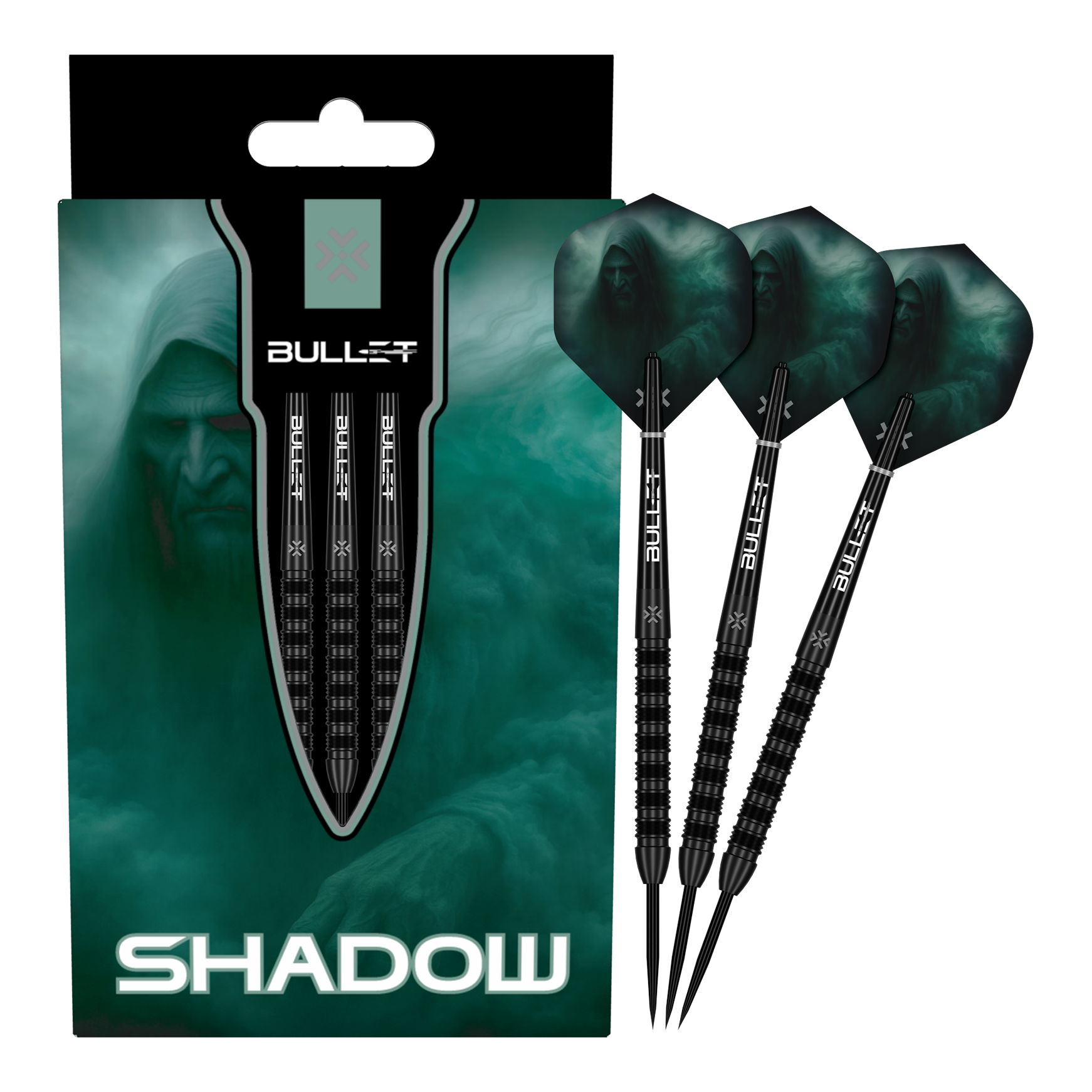 Das Bild zeigt die Bullet Shadow Steeldarts. Sie sind hochwertige Steeldarts mit einem modernen Design.