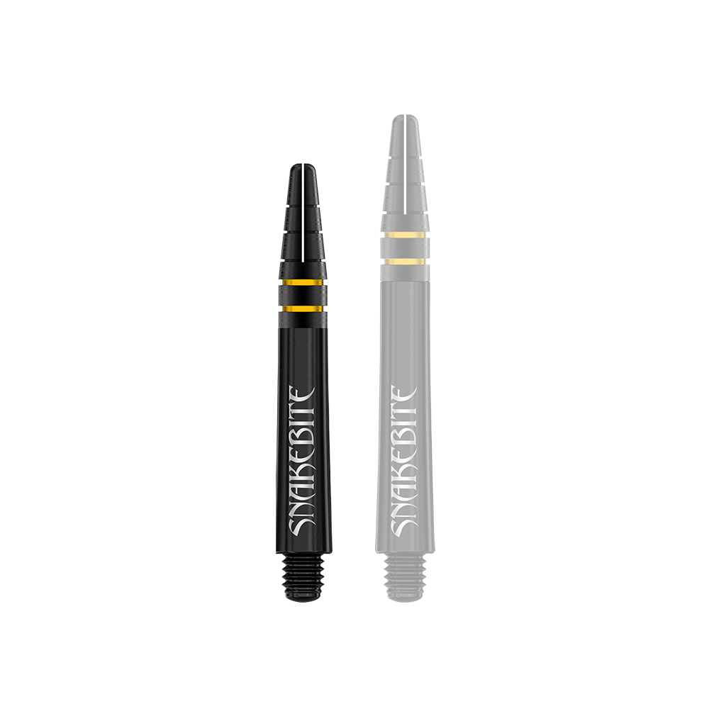 Auf dem Bild sind zwei schwarze Dart-Schäfte mit goldenen Ringen zu sehen. Auf den Schäften steht das Wort "Snakebite" in weißer Schrift.