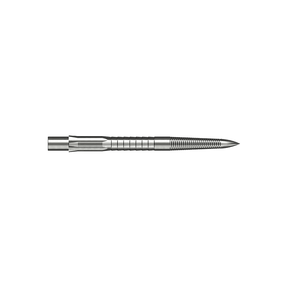 Das Bild zeigt eine silberne Steeldartspitze mit feinem Mikrorillen-Grip. Die Spitze ist gerade und hat eine Länge von 28 mm.