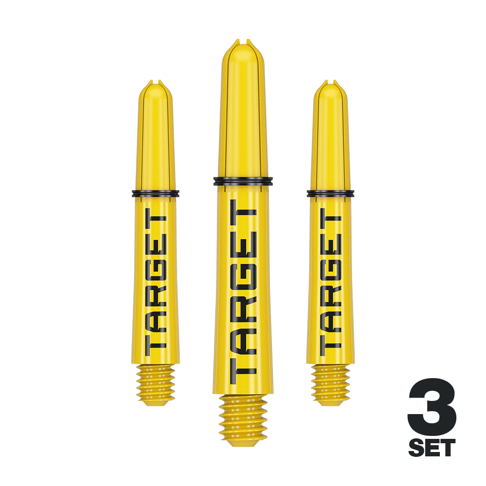 Target Pro Grip TAG Shafts - 3 Sets - Yellow Das Bild zeigt drei gelbe Dartschäfte der Marke Target mit schwarzer Schrift. In der rechten unteren Ecke steht „3 Set“.