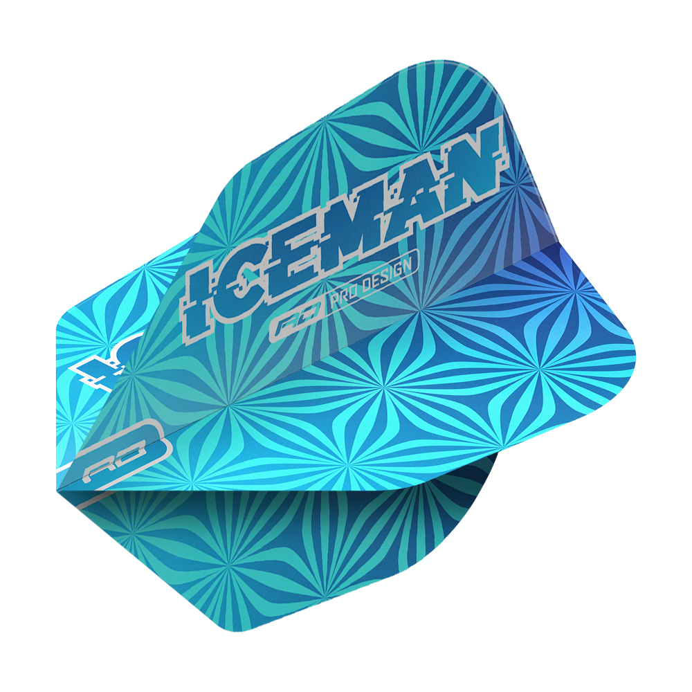 Das Bild zeigt ein blaues Dart-Flight mit geometrischem Muster und der Aufschrift "ICEMAN". Es handelt sich um das Produkt "Red Dragon Gerwyn Price Iceman Blue No6 Flights".