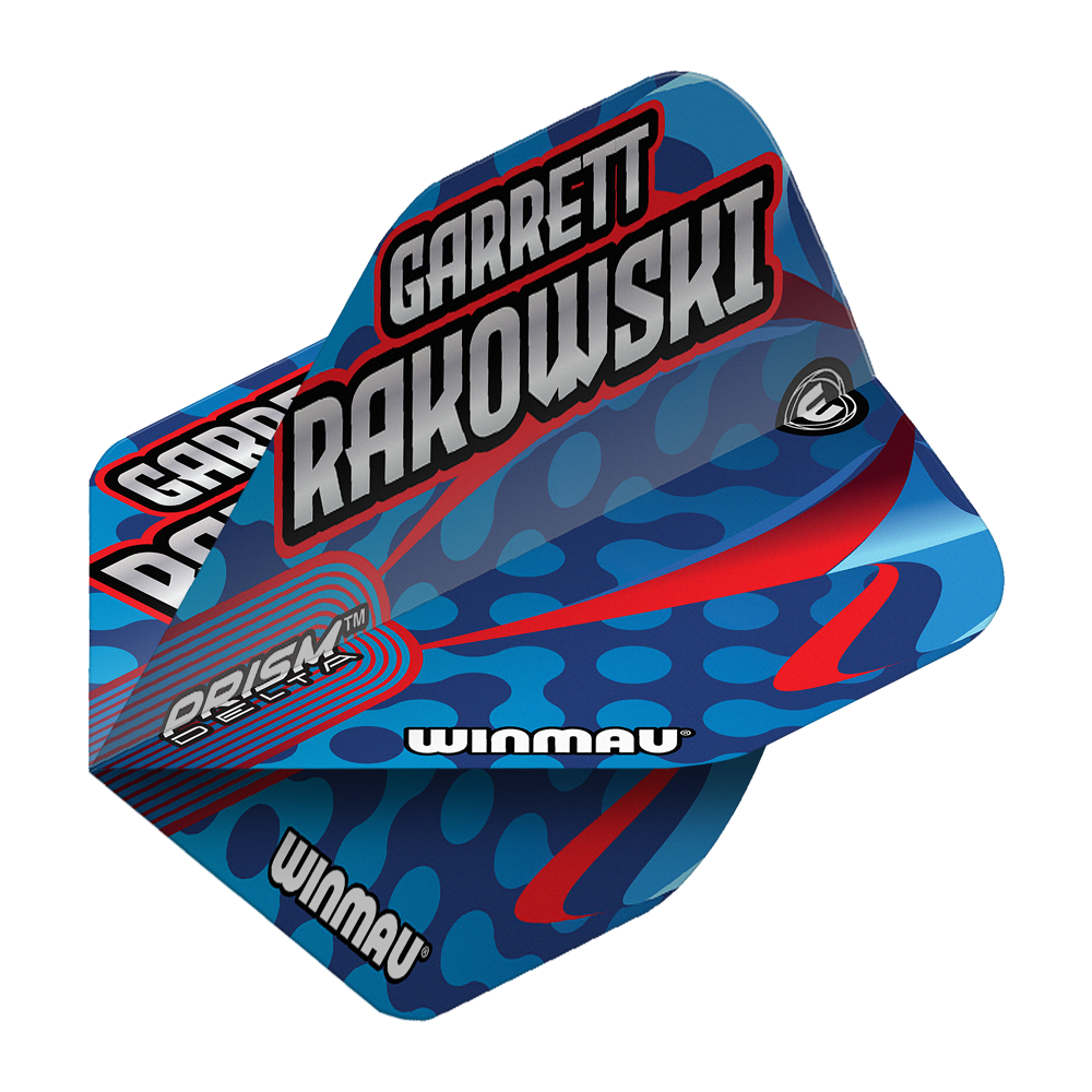 Winmau Prism Delta Garrett Rakowski Standard Flights Auf dem Bild ist ein Winmau Prism Delta Garrett Rakowski Standard Flight zu sehen. Das Design ist blau mit roten und hellblauen Akzenten und trägt den Namen "Garrett Rakowski".