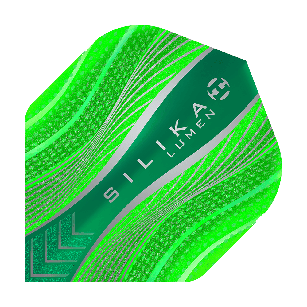 HR63_Harrows_Silika_Lumen_Green_No2_Standard_Flights_1 Das Bild zeigt ein grünes Dartflight mit dem Namen „Harrows Silika Lumen Green No2 Standard Flights“. Das Flight hat ein modernes Design mit leuchtenden grünen und silbernen Mustern sowie der Aufschrift „SILIKA LUMEN“.