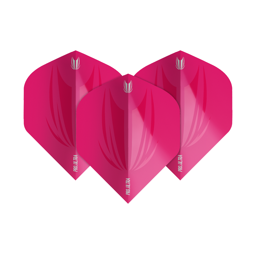 TG420_Target_ProUltra_ID_Pink_No2_Standard_Flights_101HNZmkKl9735 Das Bild zeigt drei pinkfarbene Dart-Flights des Modells "Target ProUltra ID Pink No2 Standard". Jeder Flight hat das Target-Logo und die Aufschrift "Pro Ultra" in weiß.