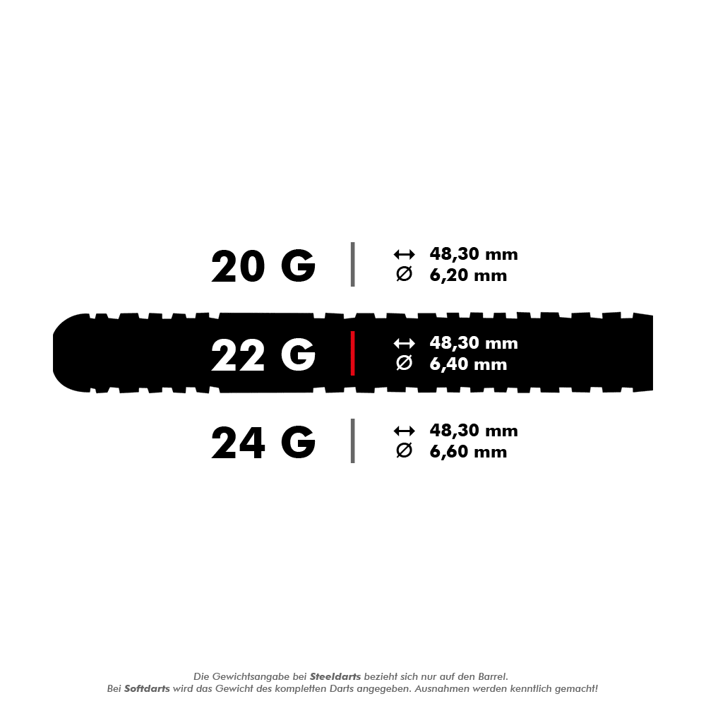 Unicorn Ross Smith Two-Tone Steel Darts Das Bild zeigt die Maße und Gewichte von Unicorn Ross Smith Two-Tone Steeldarts. Die Darts sind in 20 g, 22 g und 24 g mit unterschiedlichen Durchmessern erhältlich.
