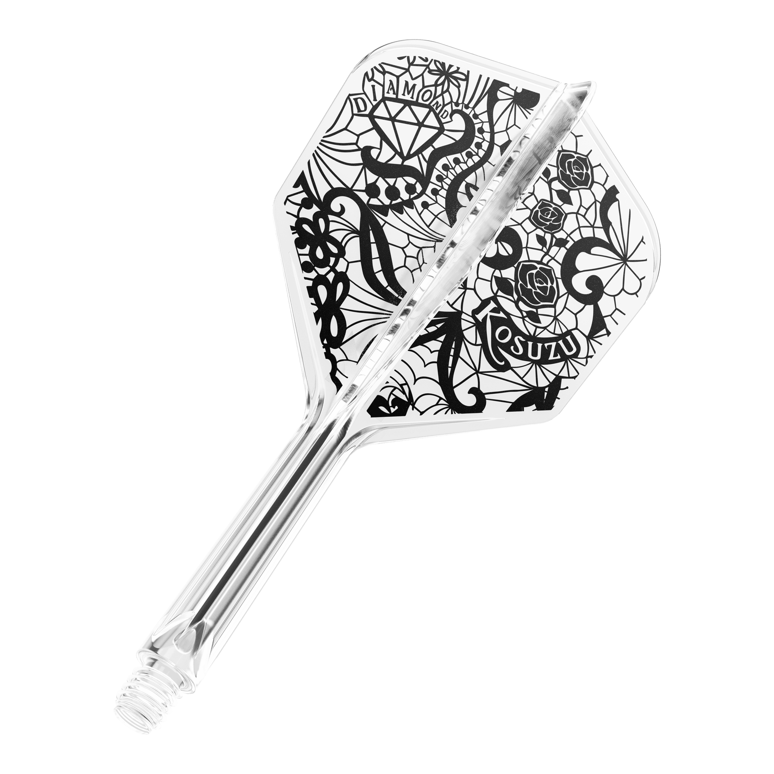 Target Japan K-Flex Diamond No6 Flight Shaft System Dies ist ein transparenter Dartpfeil mit schwarzem, detailreichem Design auf der Flight-Fläche. Auf dem Flight sind unter anderem ein Diamant, Rosen und Schriftzüge zu sehen.