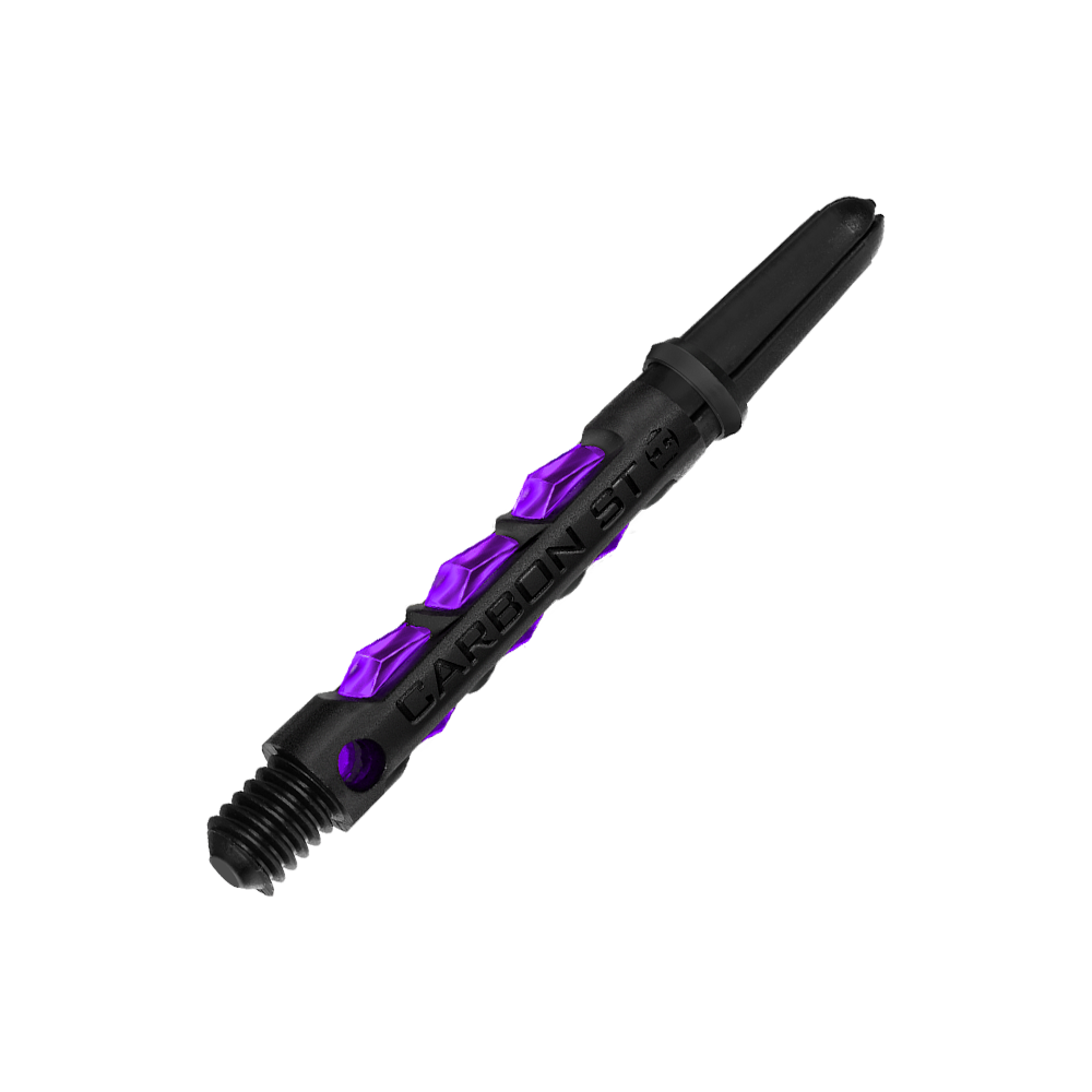HR426_Harrows_Carbon_ST_Shafts_Lila_40mm_2 Das Bild zeigt das Produkt "Harrows Carbon ST Shafts - Lila". Es handelt sich um einen schwarzen Dart-Schaft mit lila Akzenten und der Aufschrift "CARBON ST".