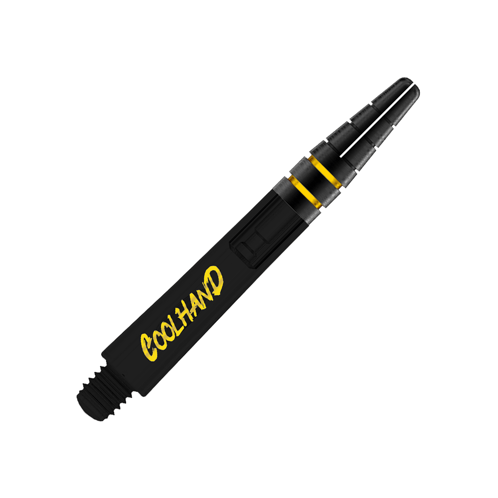 Red Dragon Nitrotech Luke Humphries Coolhand Shafts - Black Das Bild zeigt einen schwarzen Dart-Schaft mit gelben Akzenten. Auf dem Schaft steht das Wort "COOLHAND" in gelber Schrift.