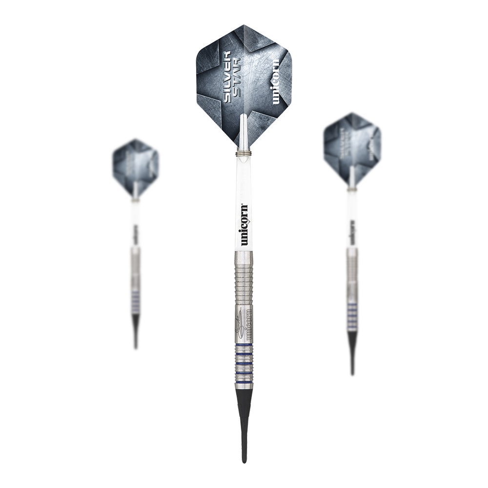 Das Bild zeigt drei Softdarts des Modells "Unicorn Silver Star Var.2 Gary Anderson". Die Darts haben silberne Spitzen, einen geriffelten Schaft und blaue Akzente auf dem Barrel.