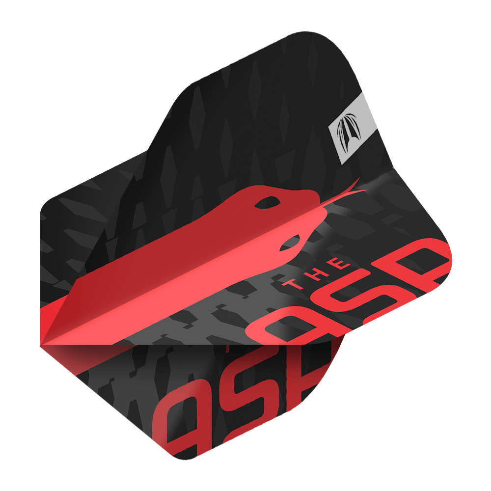 Target Pro Ultra Nathan Aspinall No2 Standard Flights - 3 sets Das Bild zeigt ein Dart-Flight mit einem schwarzen und roten Design sowie der Aufschrift „THE ASP“. Auf dem Flight ist eine stilisierte rote Schlange abgebildet.