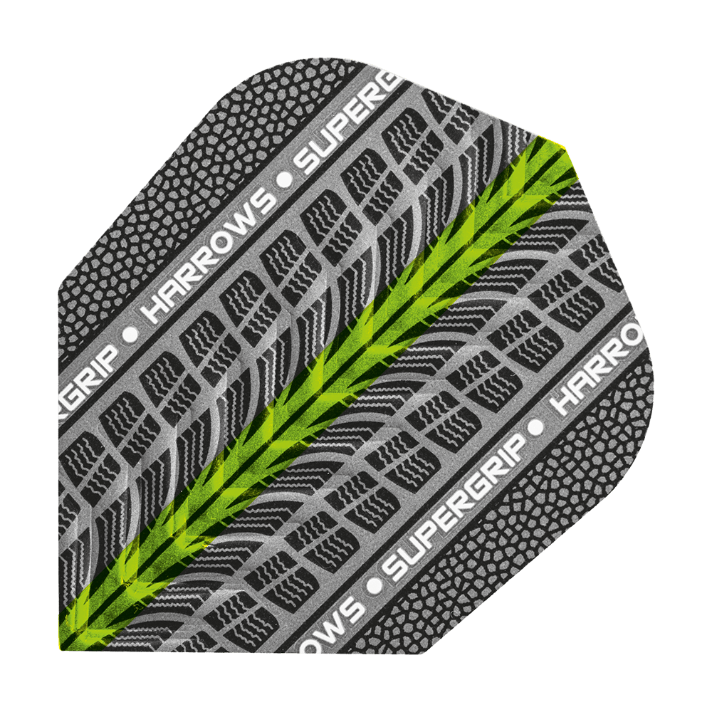 HR73_Harrows_Supergrip_Gr-n_No6_Flights_1 Das Bild zeigt ein Dartflight mit dem Namen "Harrows Supergrip Grün No6 Flights". Das Flight ist überwiegend schwarz-grau mit einem markanten grünen Streifen und dem Schriftzug "HARROWS SUPERGRIP".